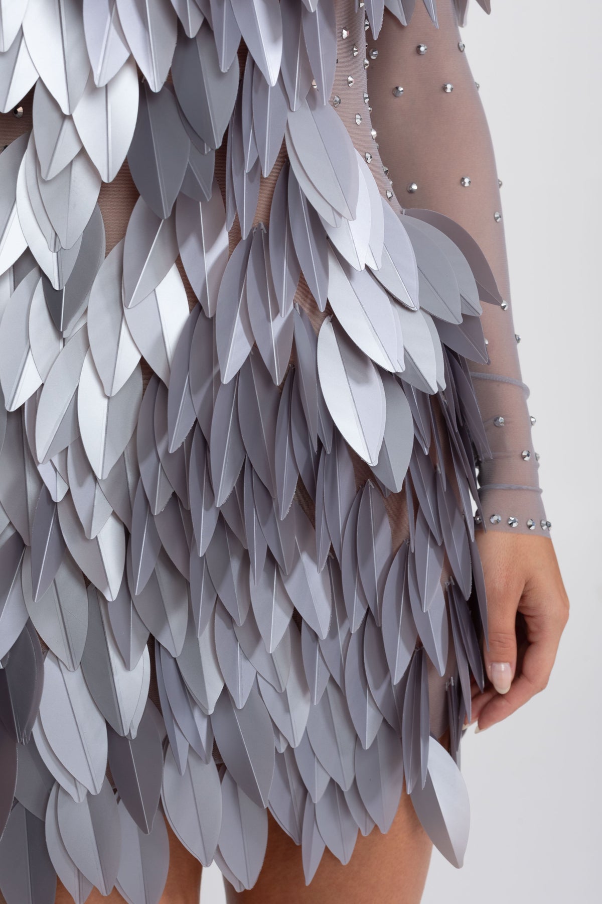 Sheer Mesh Feather-Panel Mini Dress With Crystal Neckline - Gray