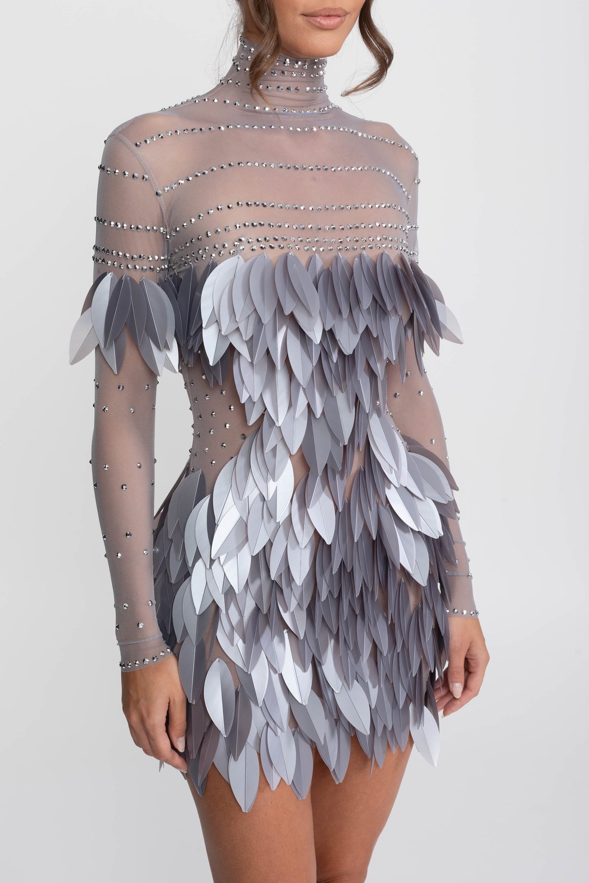 Sheer Mesh Feather-Panel Mini Dress With Crystal Neckline - Gray