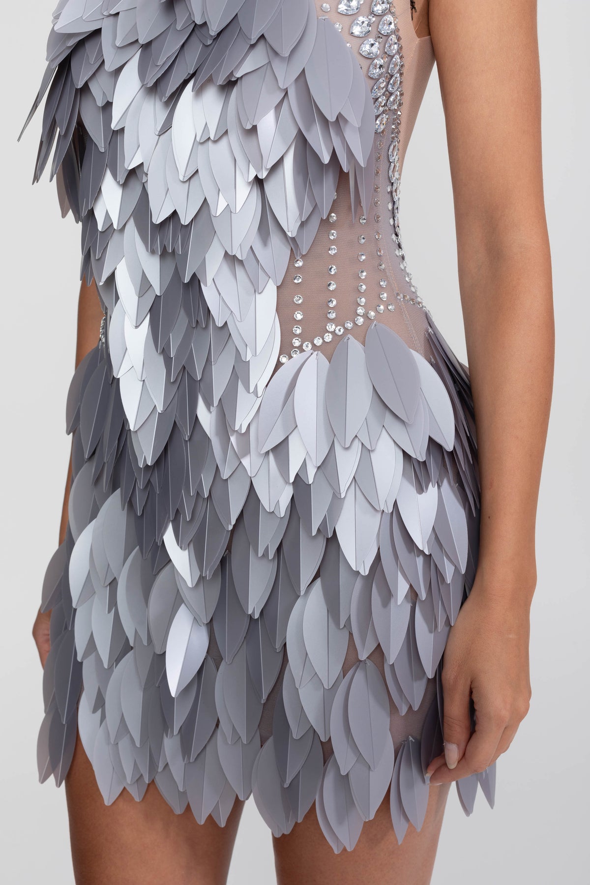 Sleeveless Sheer Mesh Feather-Panel Mini Dress With Crystals  - Gray