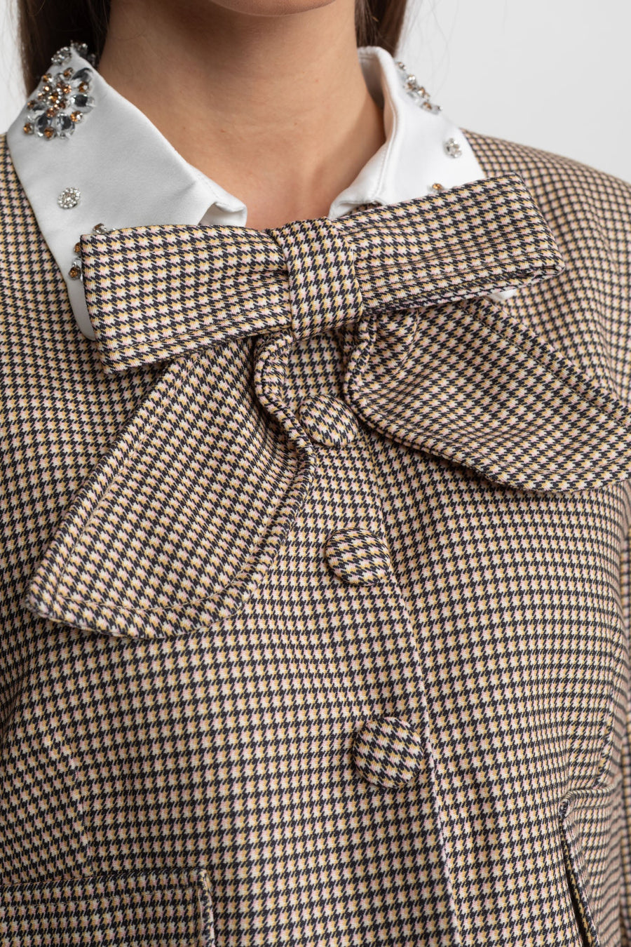 Checked Tailored Co-Ord Set with Statement Bow Detail – Beige