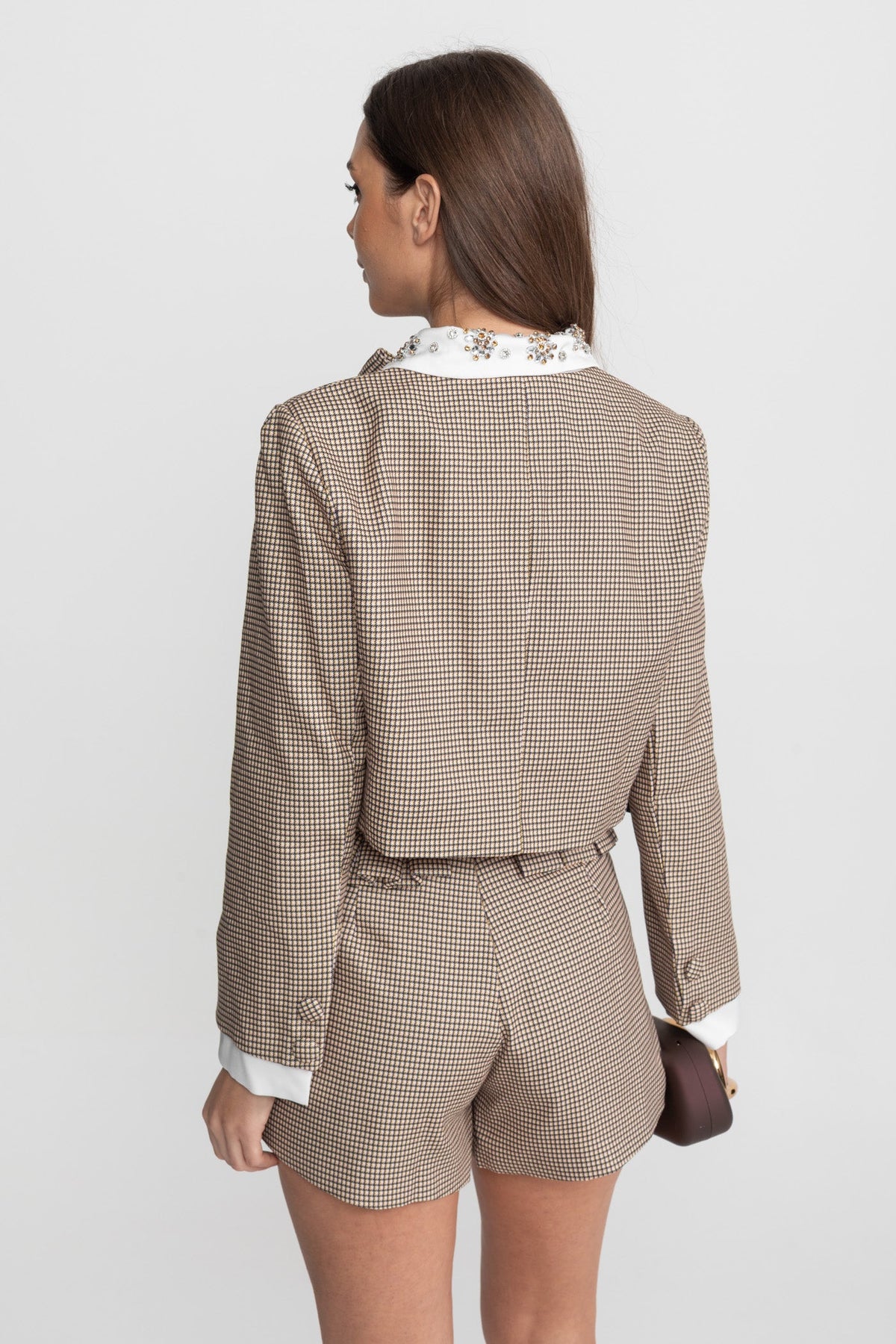 Checked Tailored Co-Ord Set with Statement Bow Detail – Beige