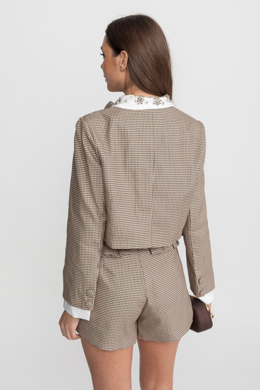 Checked Tailored Co-Ord Set with Statement Bow Detail – Beige