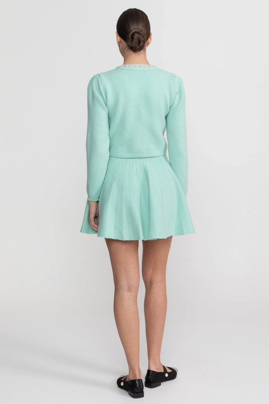 Knit Co-Ord Set With Long Sleeve Cardigan And Matching Mini Skirt - Teal