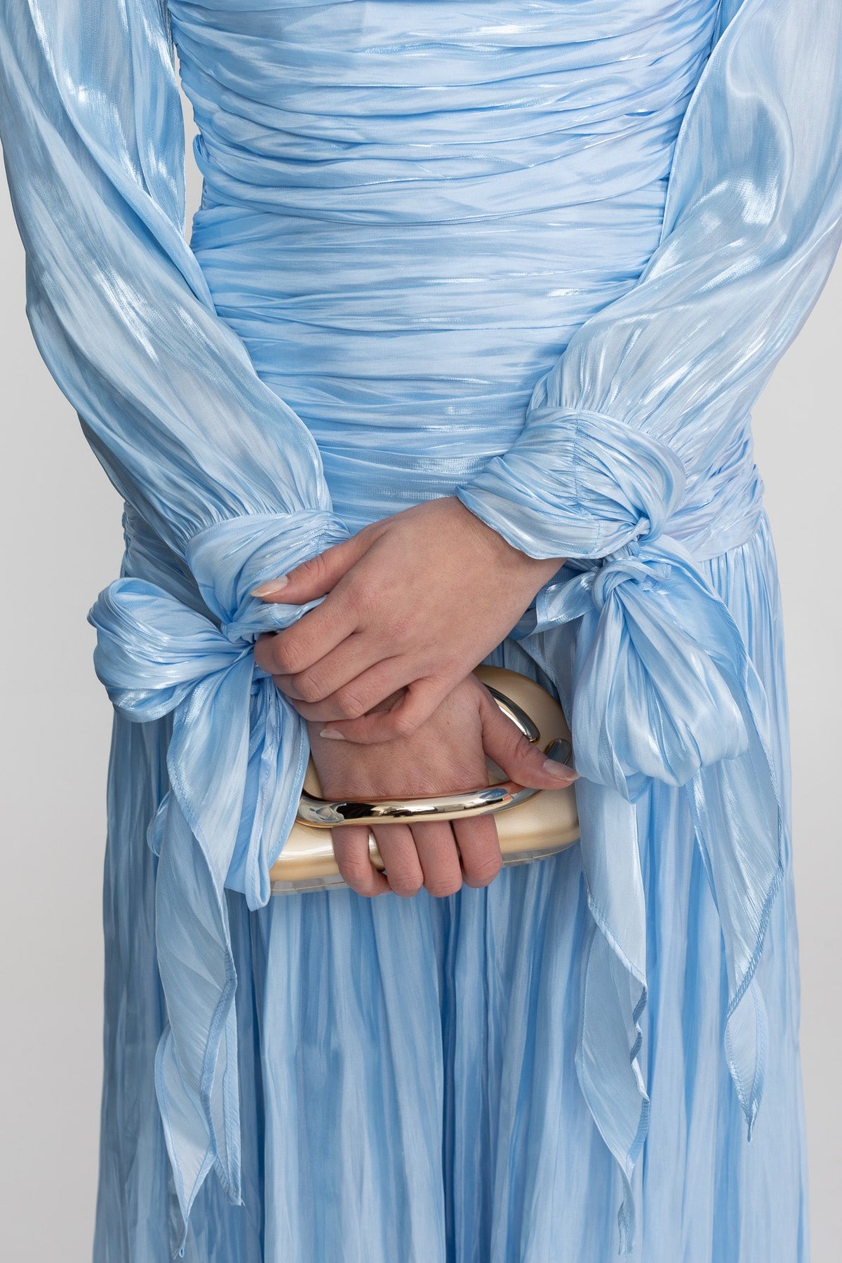 Ruched Long Sleeve Maxi Dress With Pleated Skirt - Sky Blue