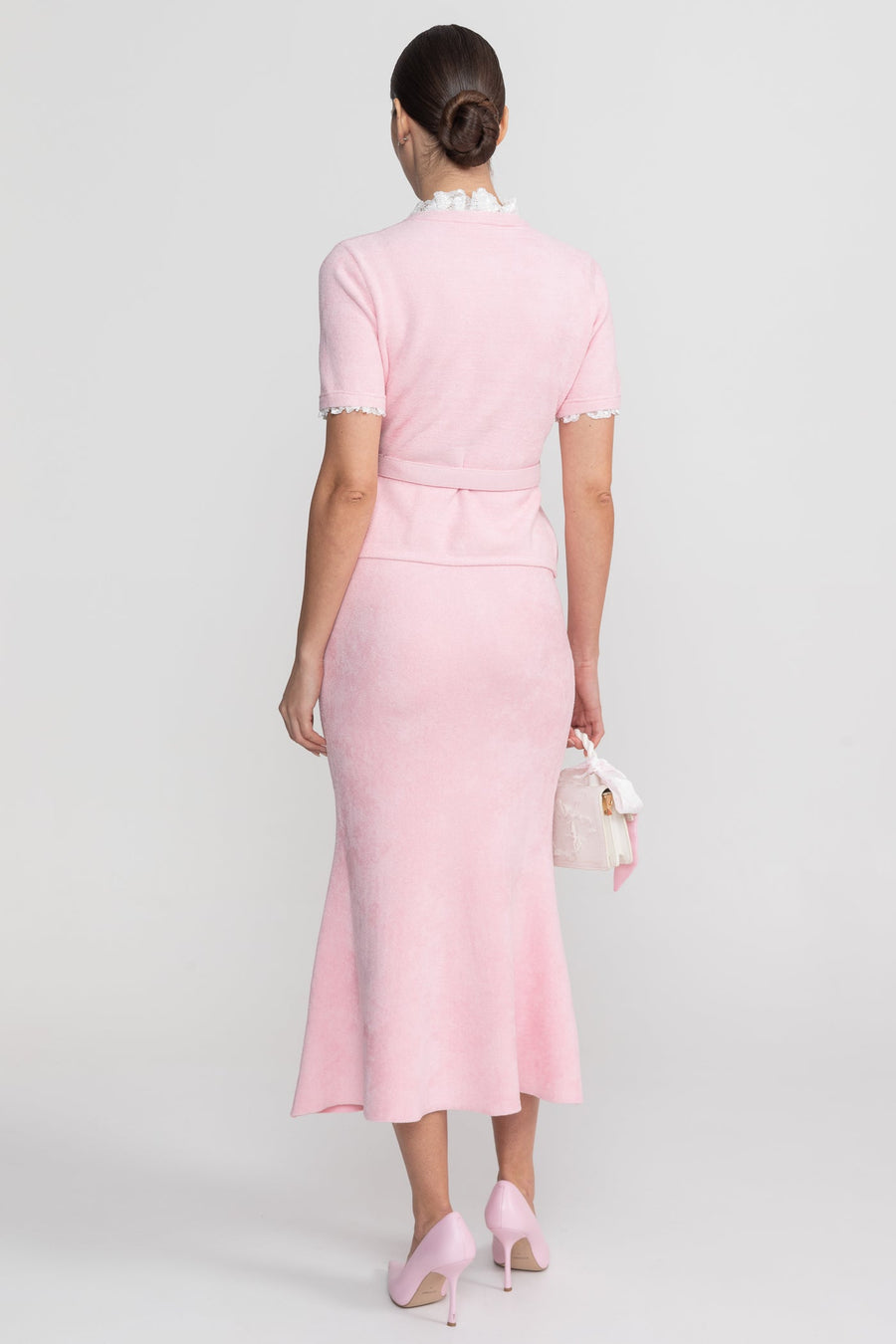 Short Sleeve Co-Ord With Peplum Waist And Crystal Button Belt - Blush Pink
