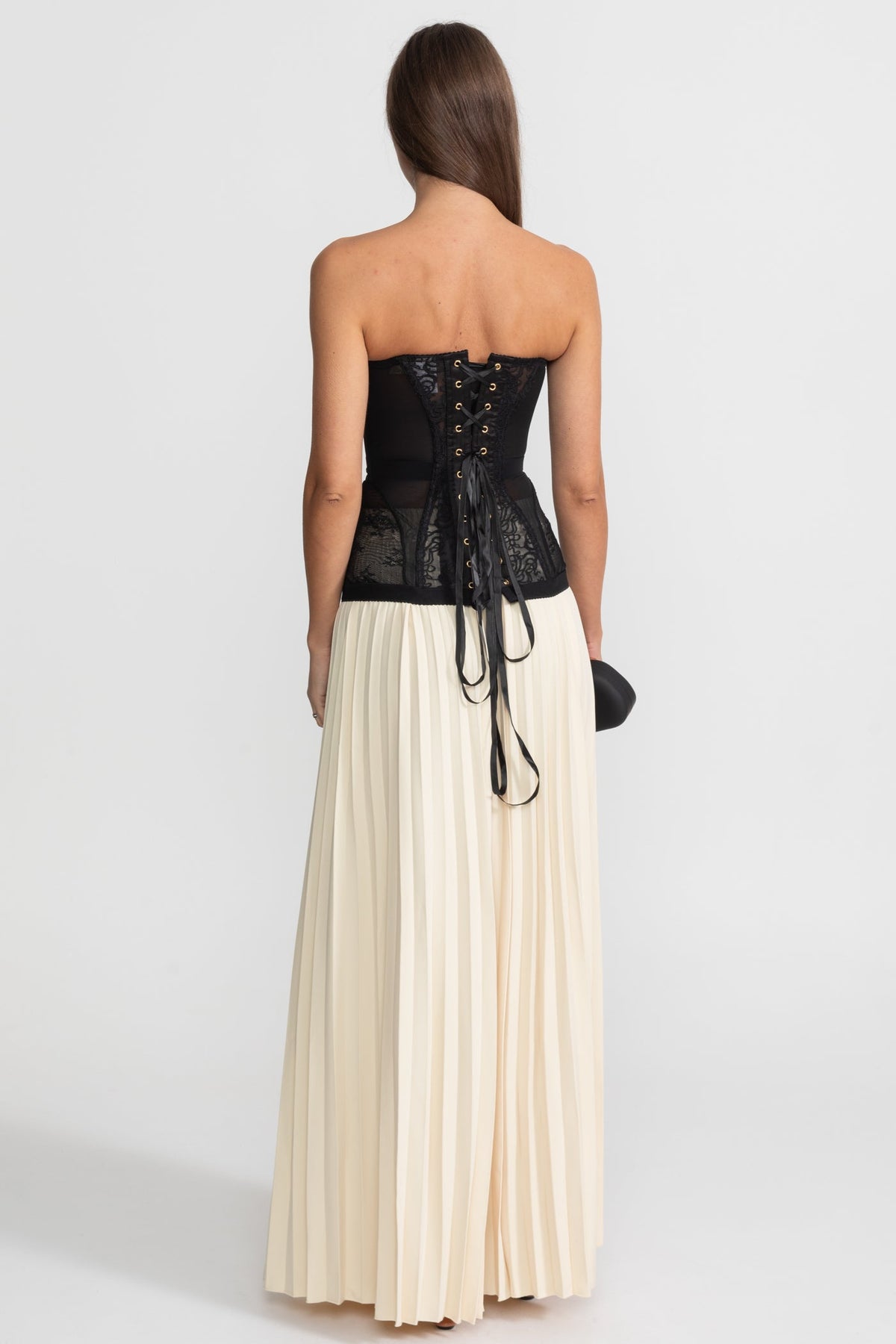 Strapless Lace Corset Top with Boning and Front Closure - Black