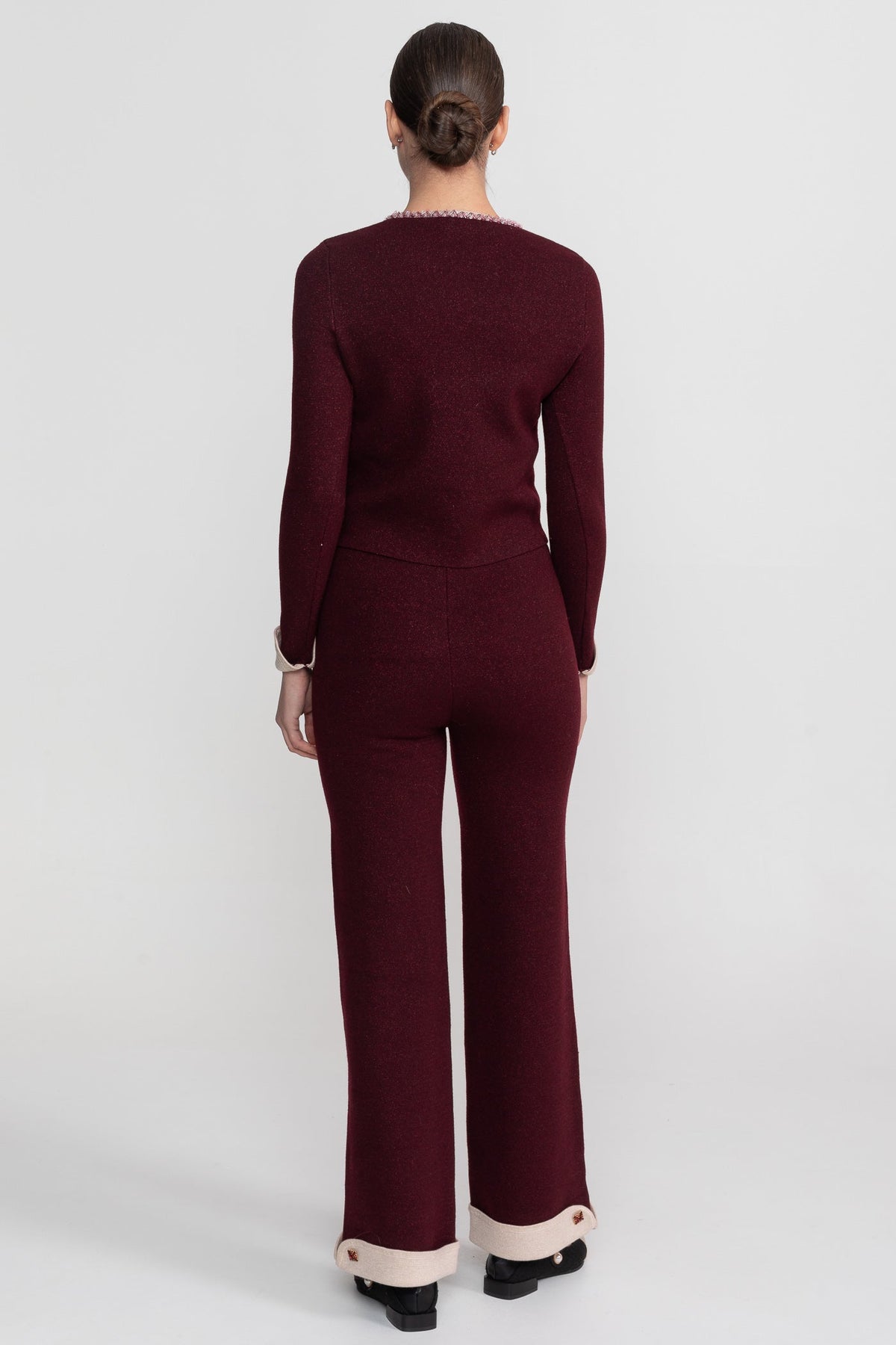 Long Sleeve Knit Co-Ord Set With Contrast Trim And Sparkling Embellishments - Burgundy