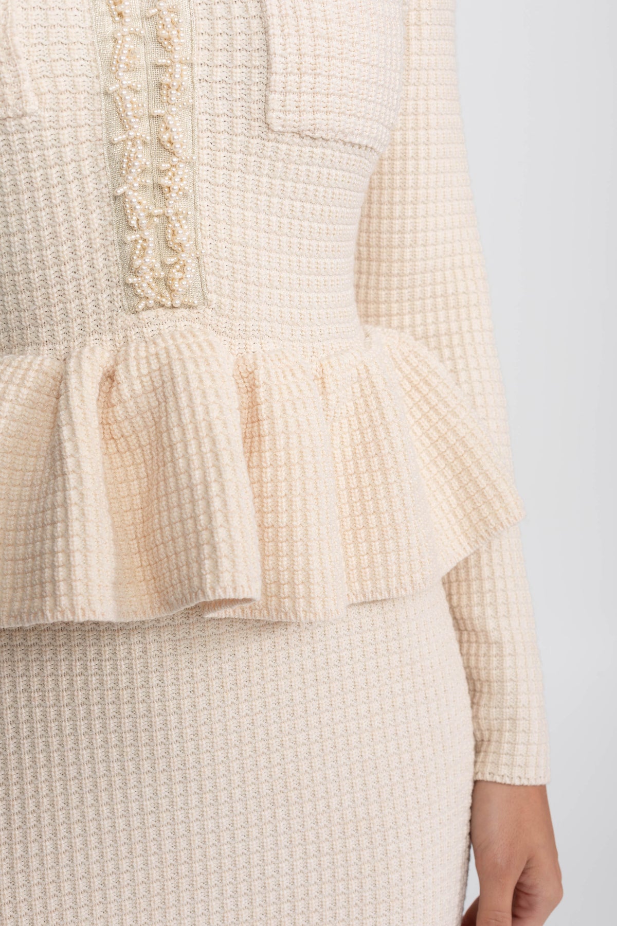 Fringe Trim Knit Peplum Dress With Front Chest Pockets - Beige
