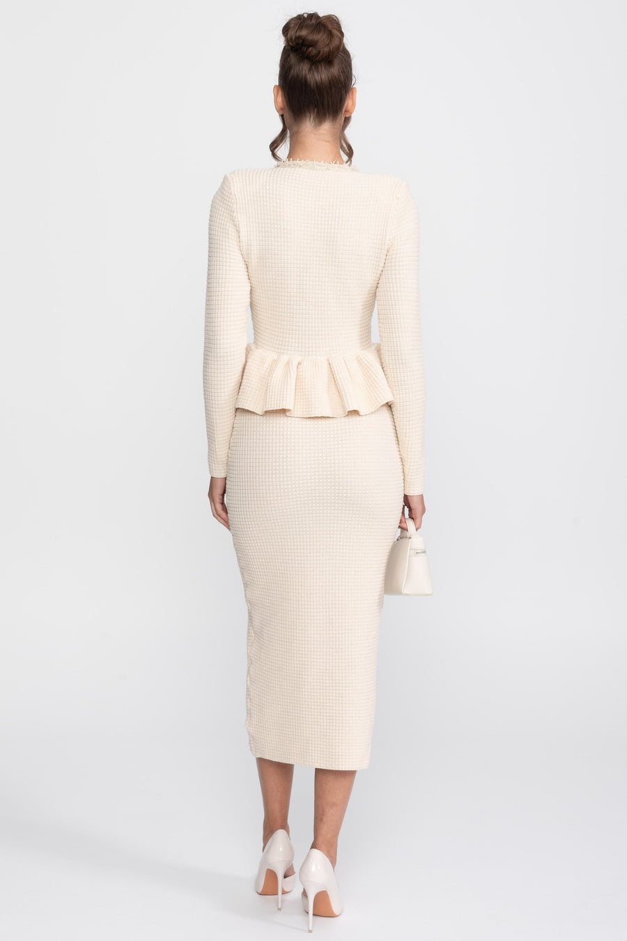 Fringe Trim Knit Peplum Dress With Front Chest Pockets - Beige