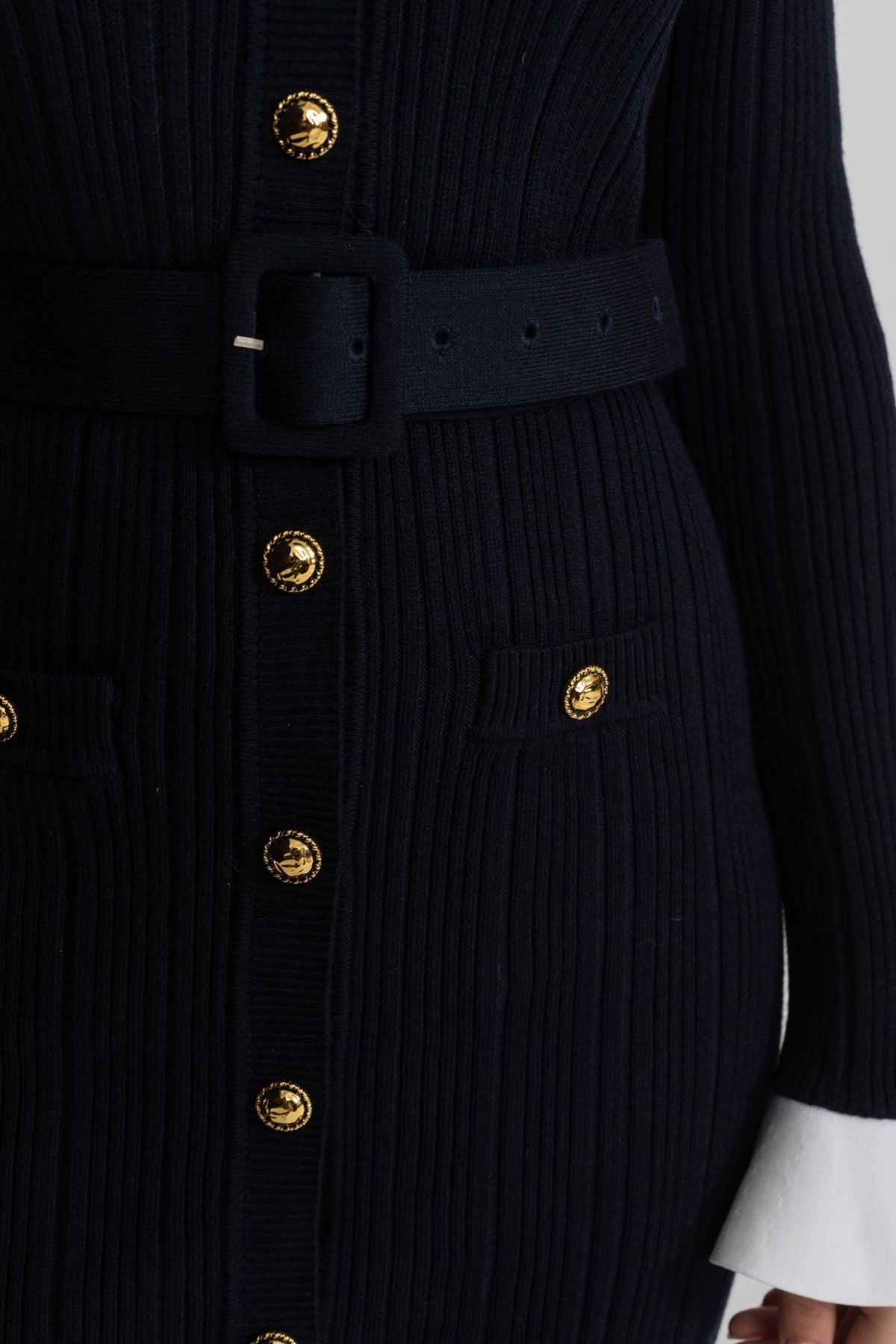 Ribbed Knit Midi Dress with Gold Button Fastening - Dark Blue