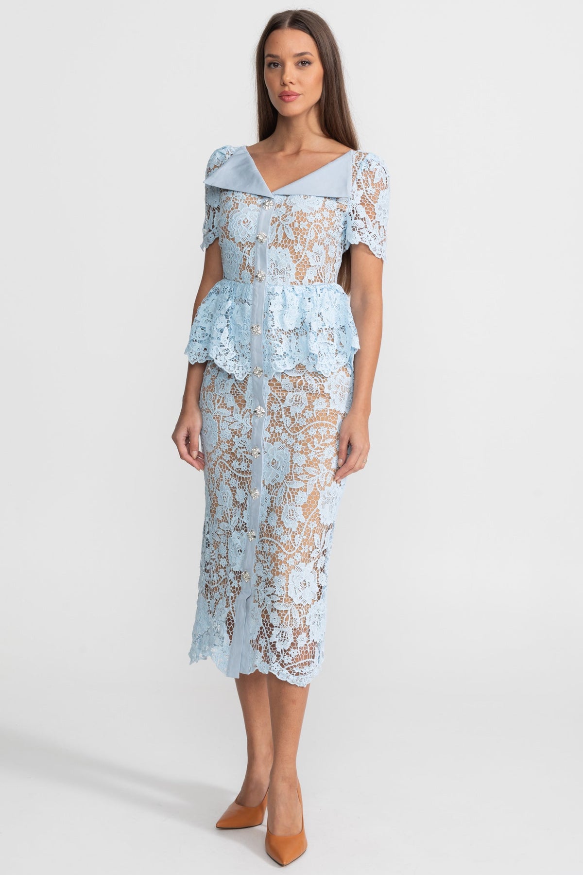 Lace Midi Dress with Peplum Waist and Satin Collar - Baby Blue