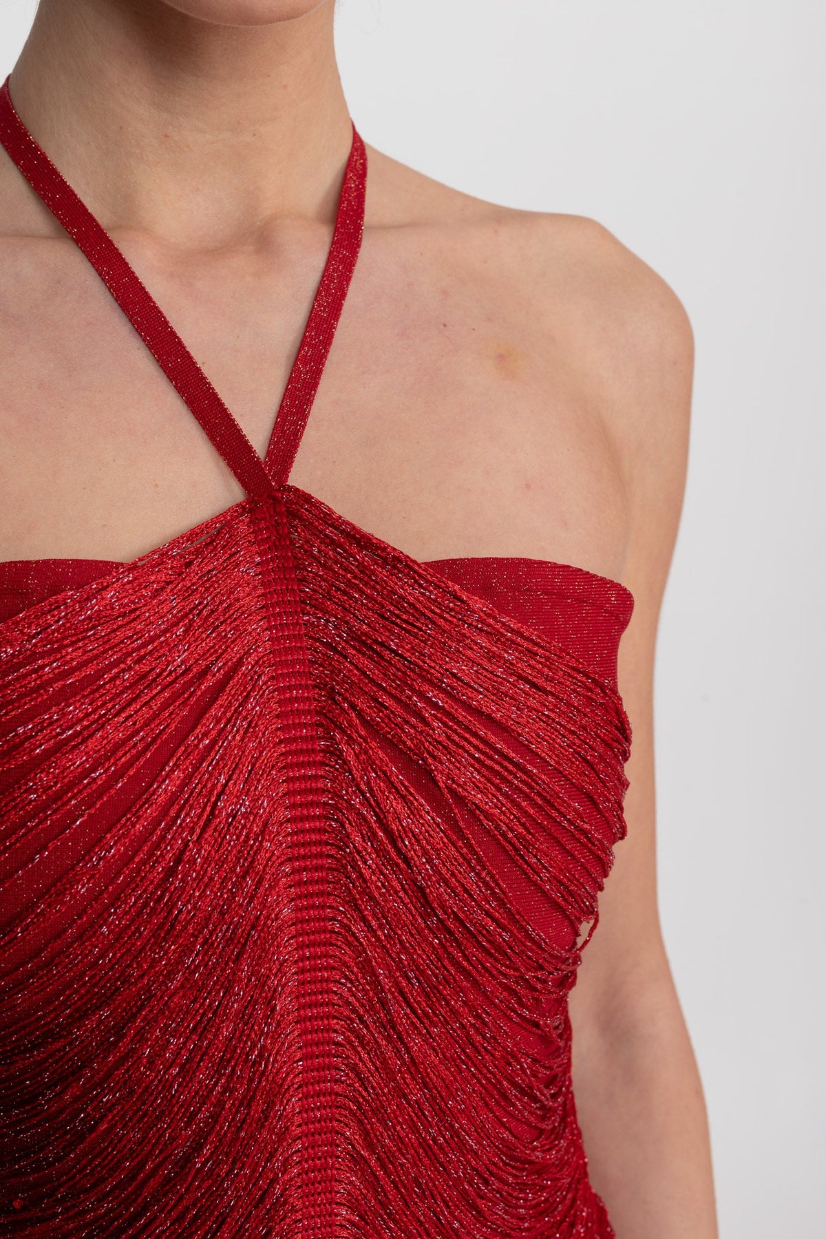 Halter Neck Midi Dress With All-Over Pleated Texture - Red