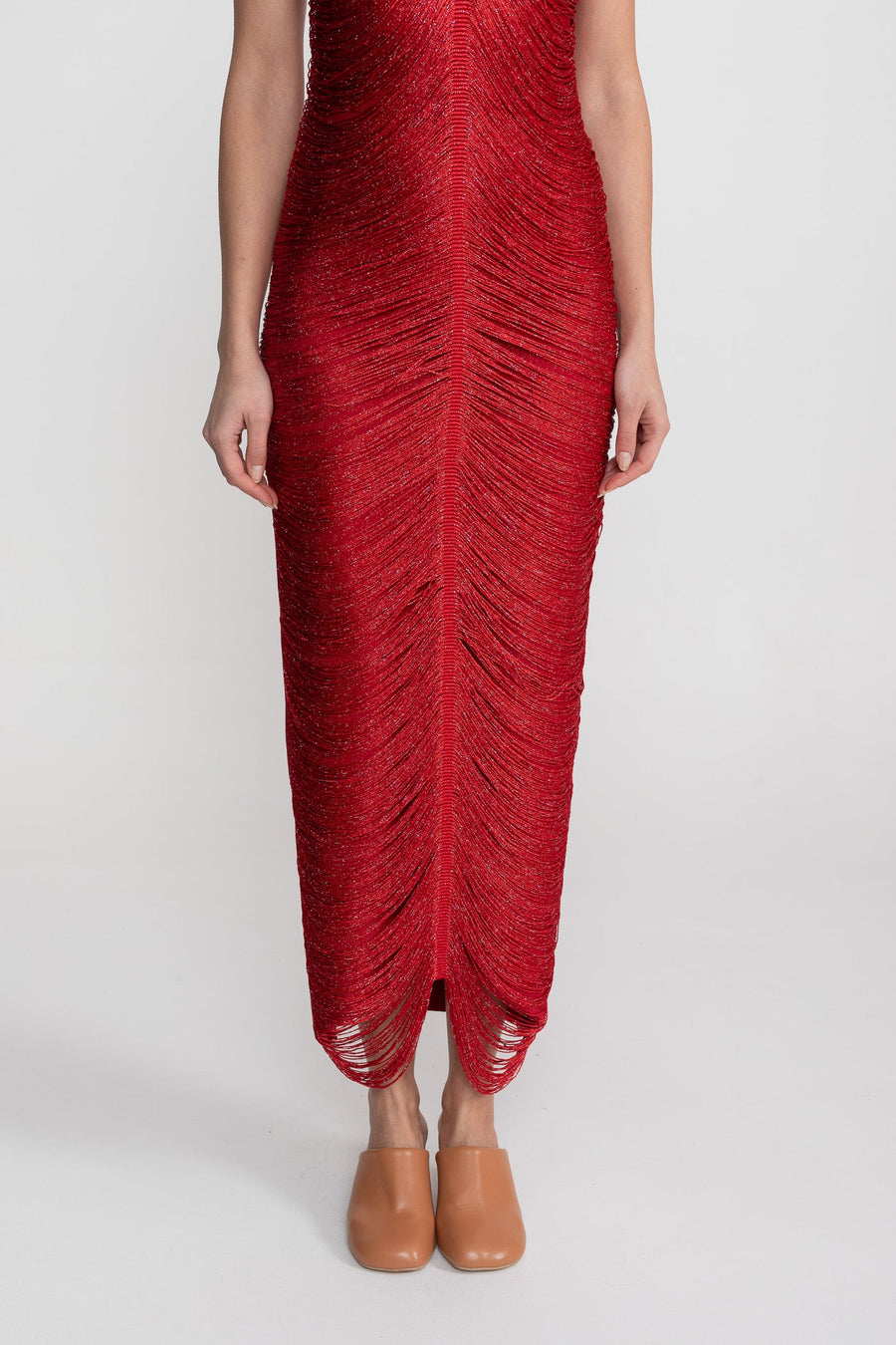 Halter Neck Midi Dress With All-Over Pleated Texture - Red