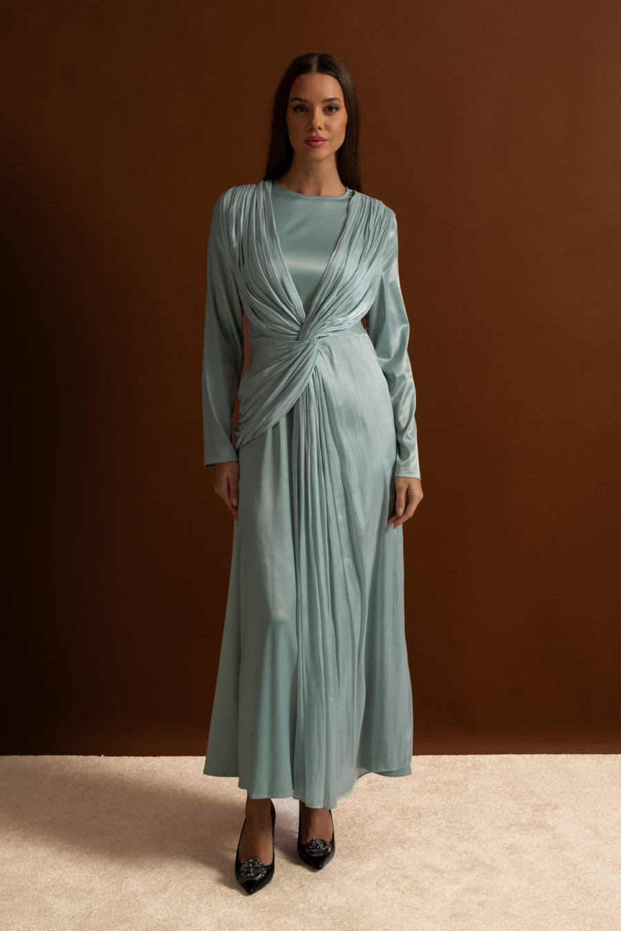 Satin Midi Dress with Draped Overlay and Knot Detail - Teal