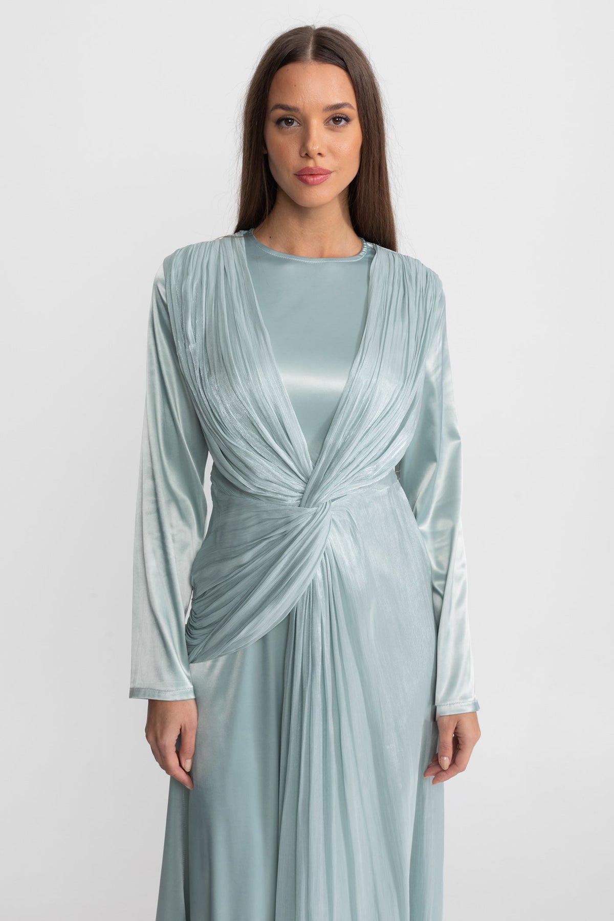 Satin Midi Dress with Draped Overlay and Knot Detail - Teal