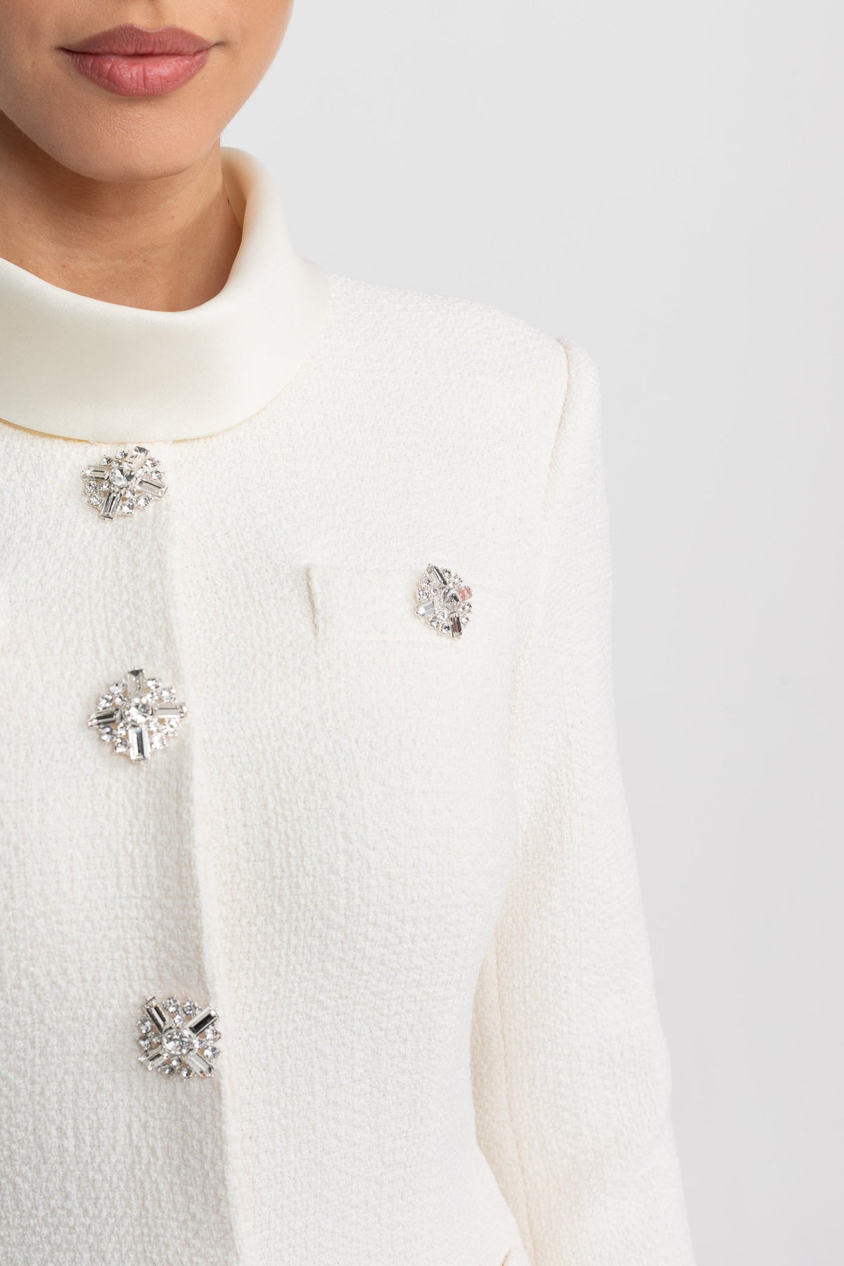 Textured Midi Dress With High Neck Jacket And Crystal Button Detail - White