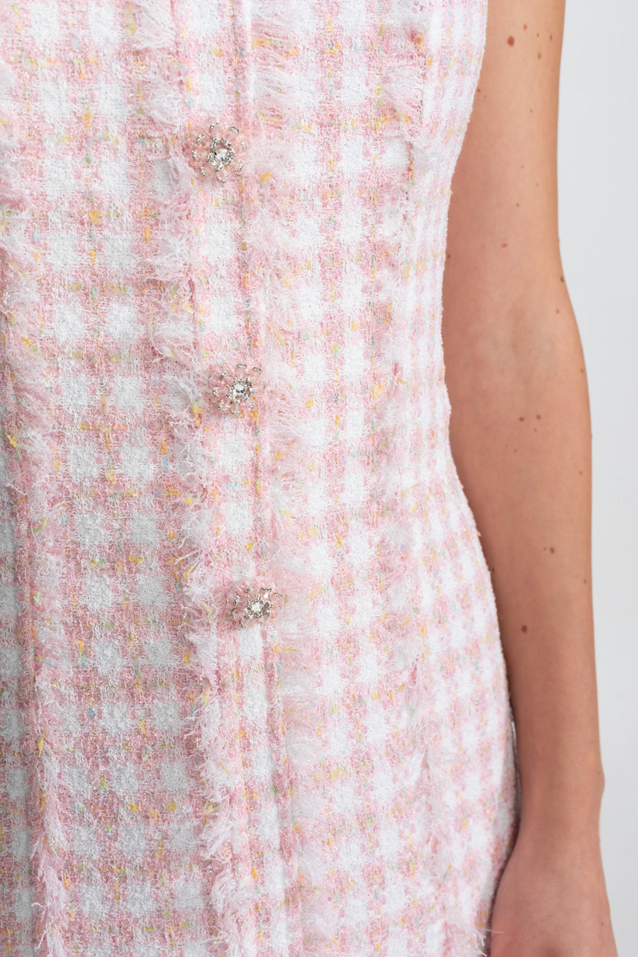 Sleeveless Tweed Mini Dress With Frayed Trim – Blush Pink