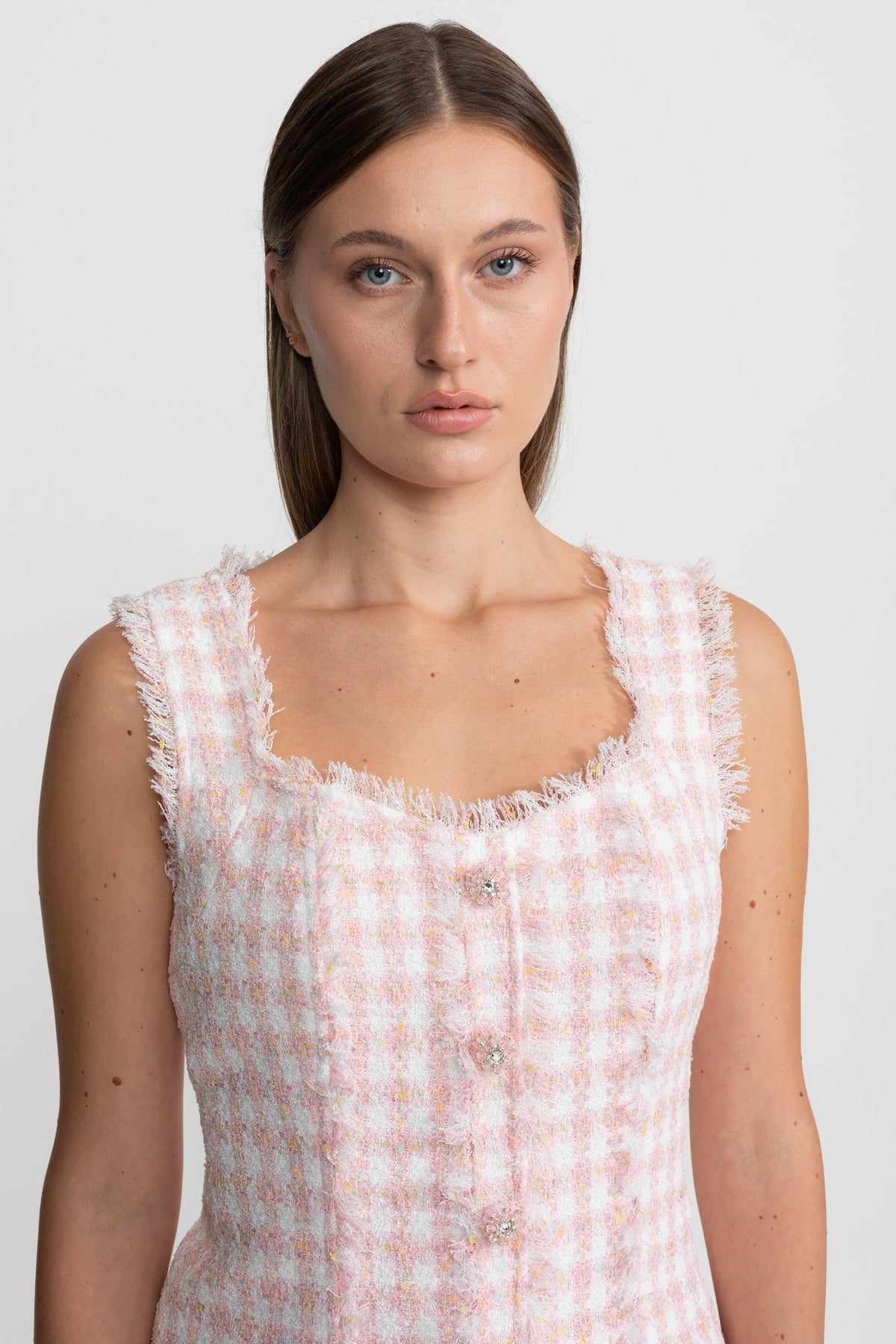Sleeveless Tweed Mini Dress With Frayed Trim – Blush Pink