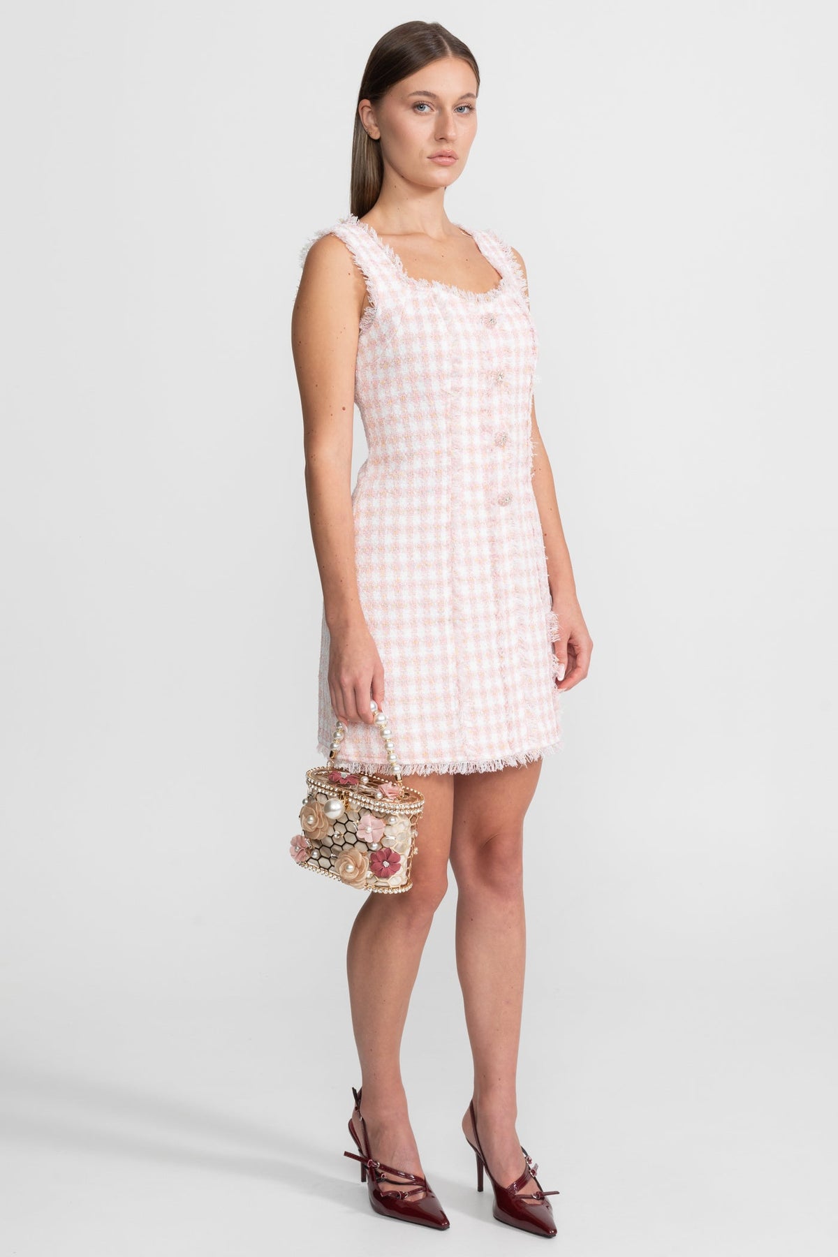 Sleeveless Tweed Mini Dress With Frayed Trim – Blush Pink