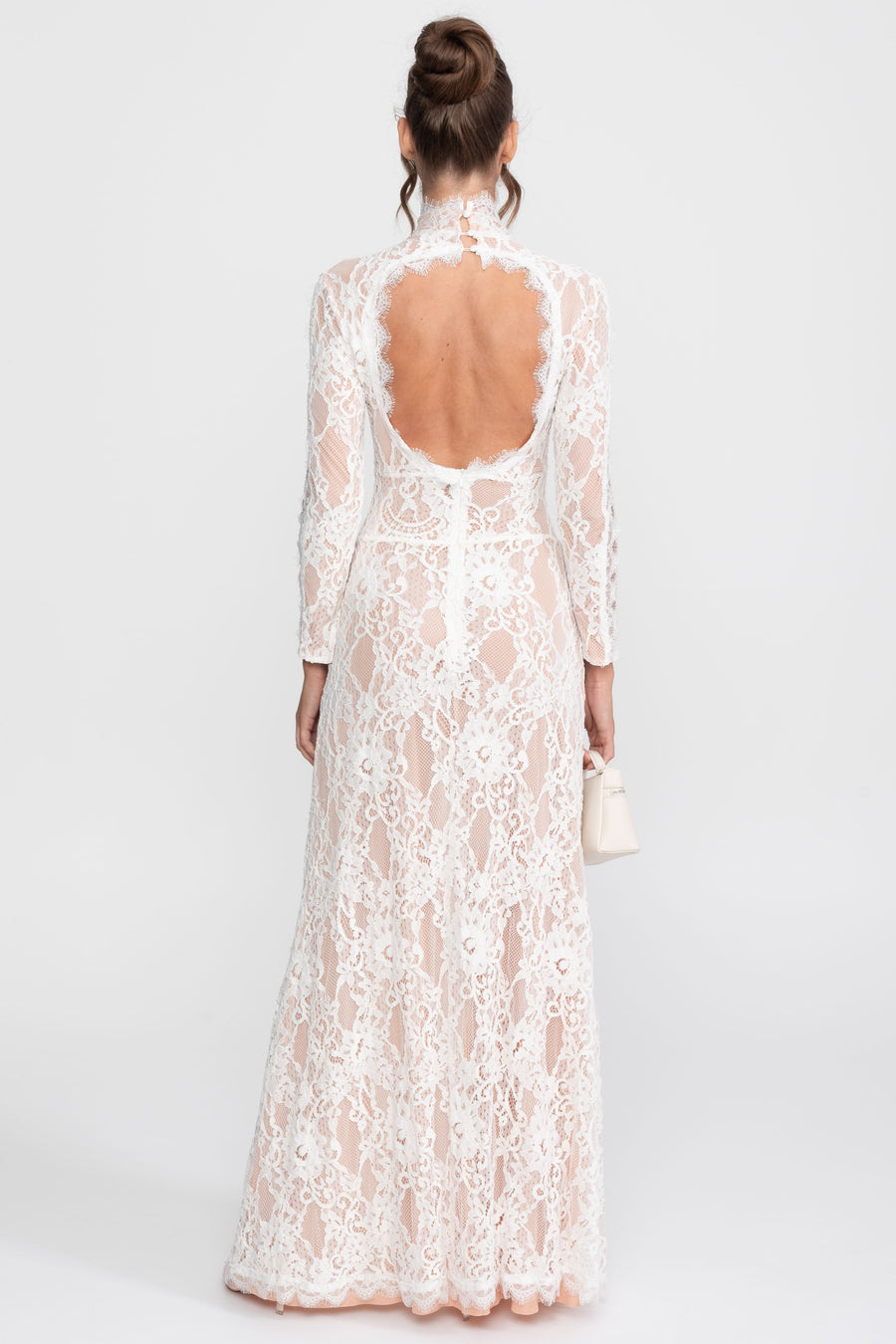 Elegant Lace Gown With High Neck, Front Cutout And Slit - White