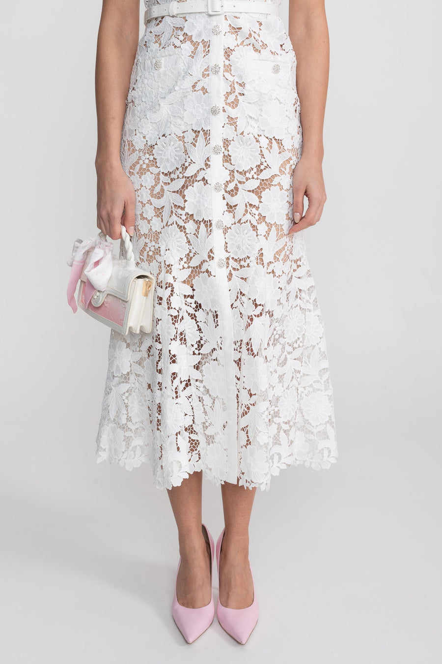 Lace Short Sleeve Midi Dress With Collared Neckline And Belted Waist - White
