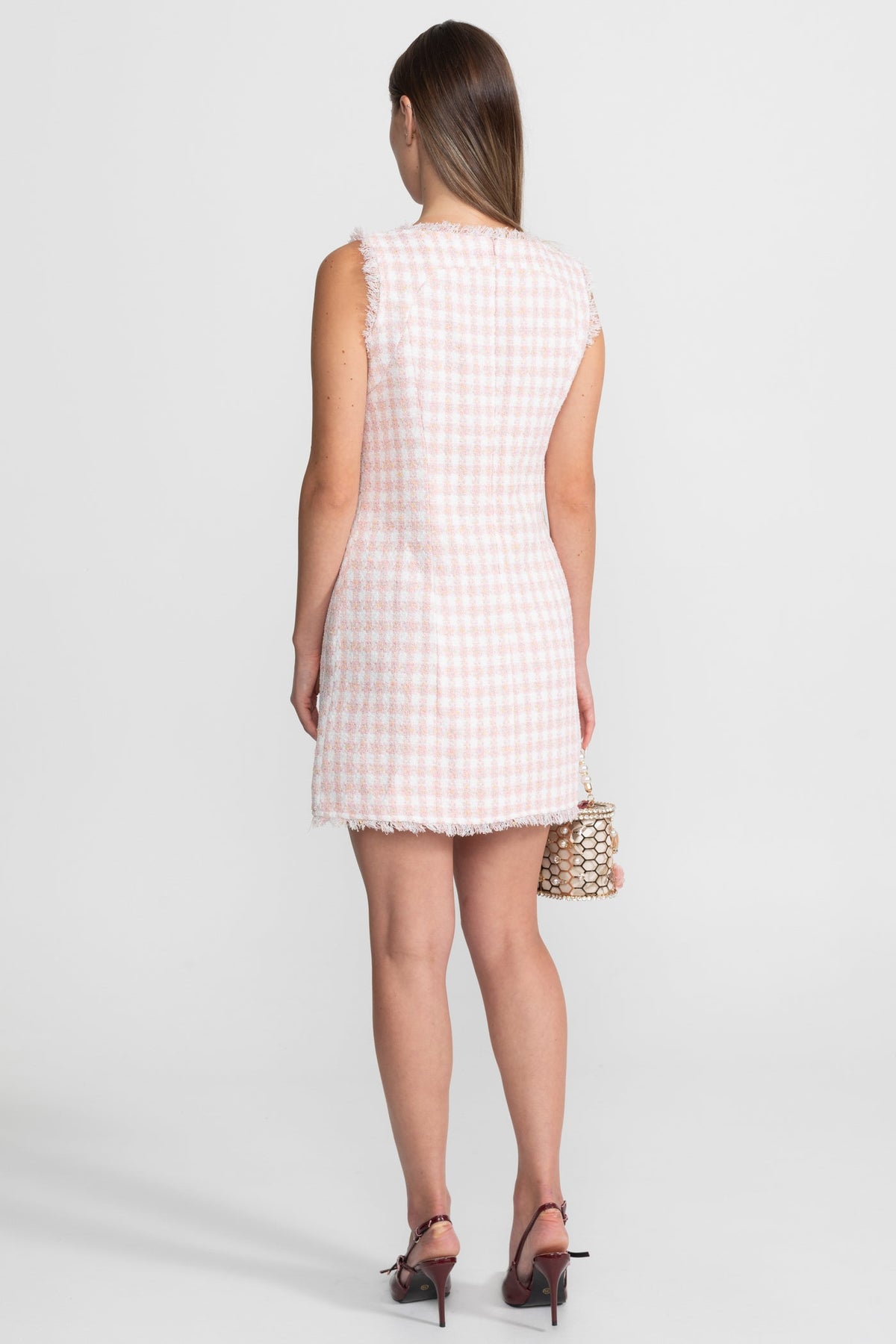 Sleeveless Tweed Mini Dress With Frayed Trim – Blush Pink