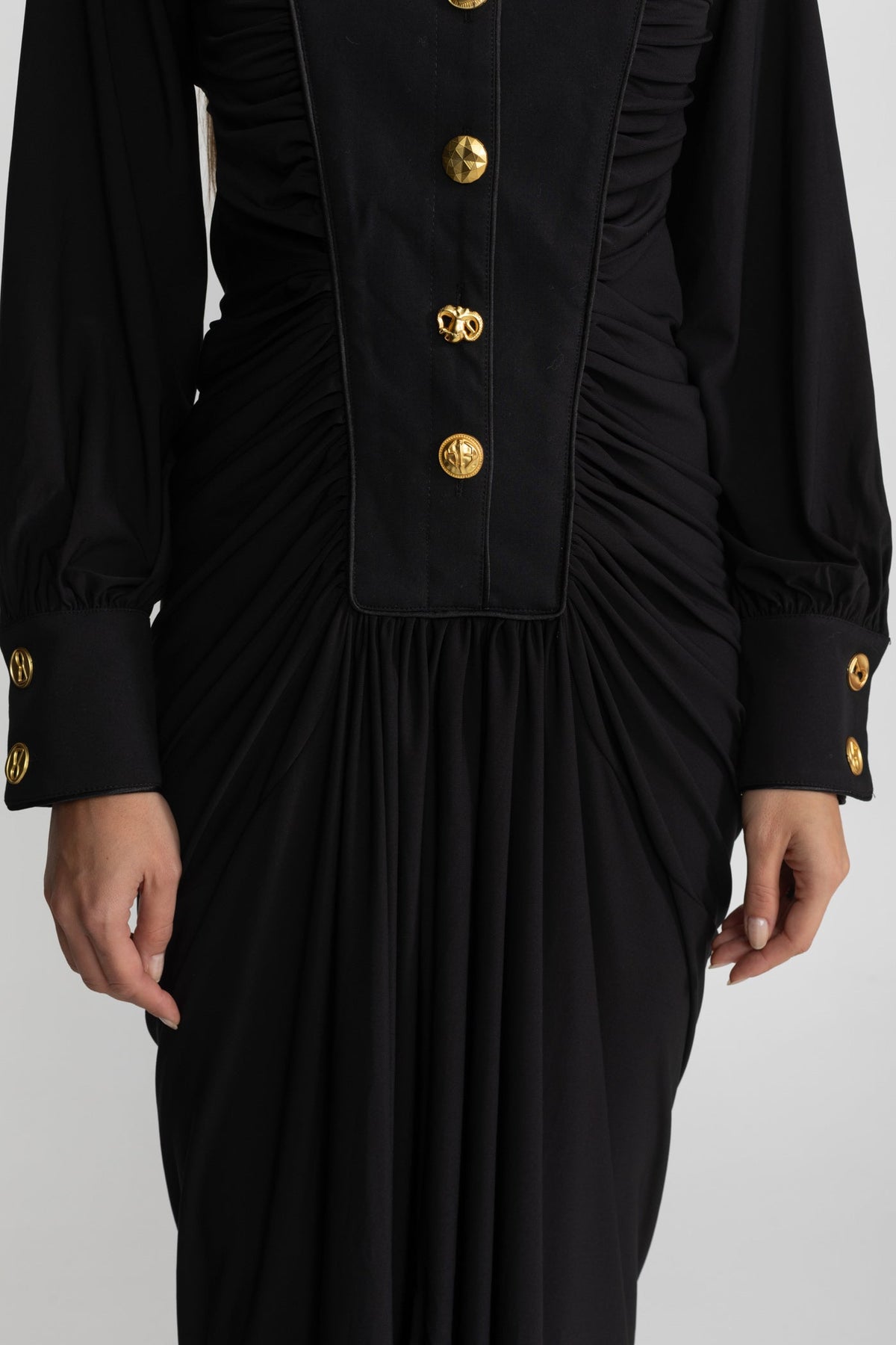 Draped Maxi Dress with Gold Statement Buttons - Black