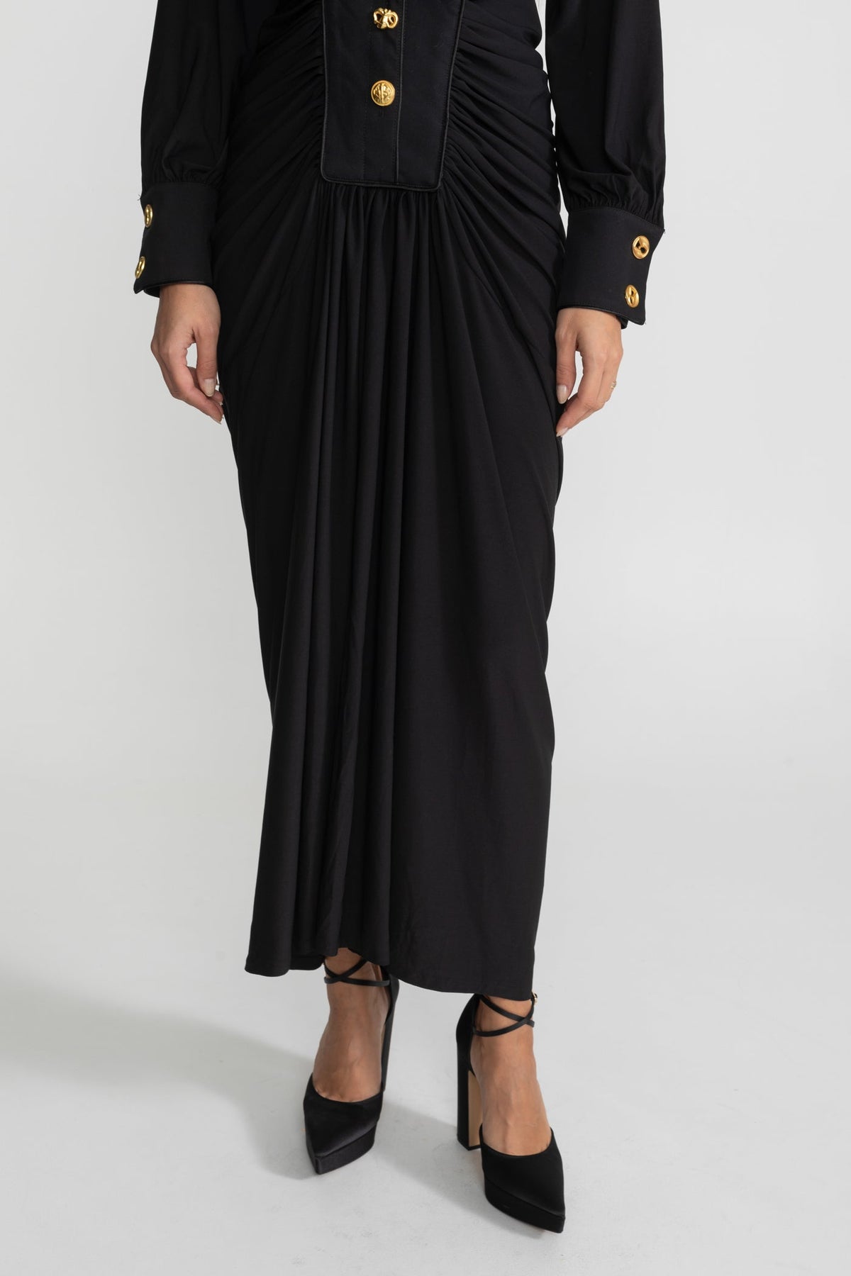 Draped Maxi Dress with Gold Statement Buttons - Black