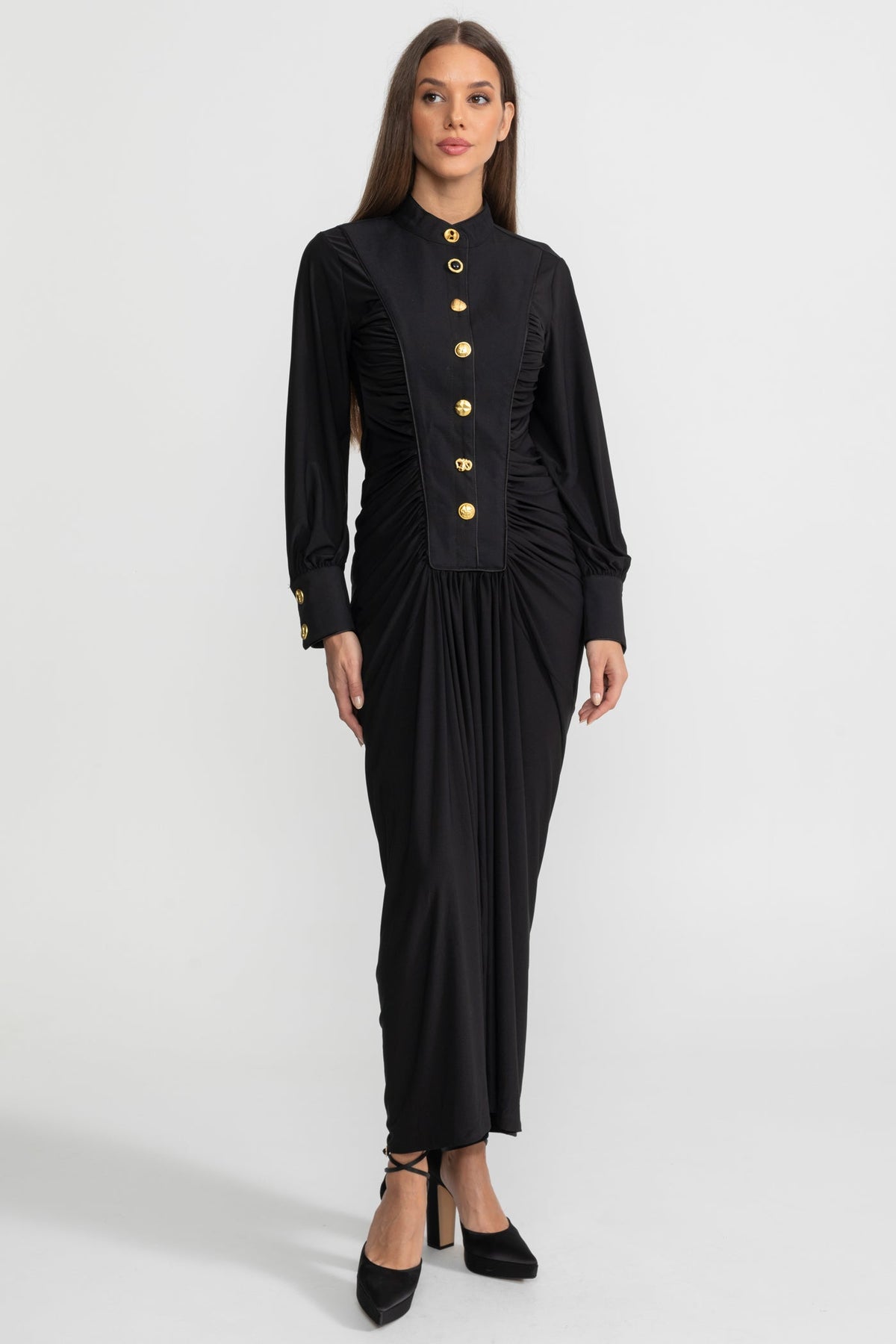 Draped Maxi Dress with Gold Statement Buttons - Black