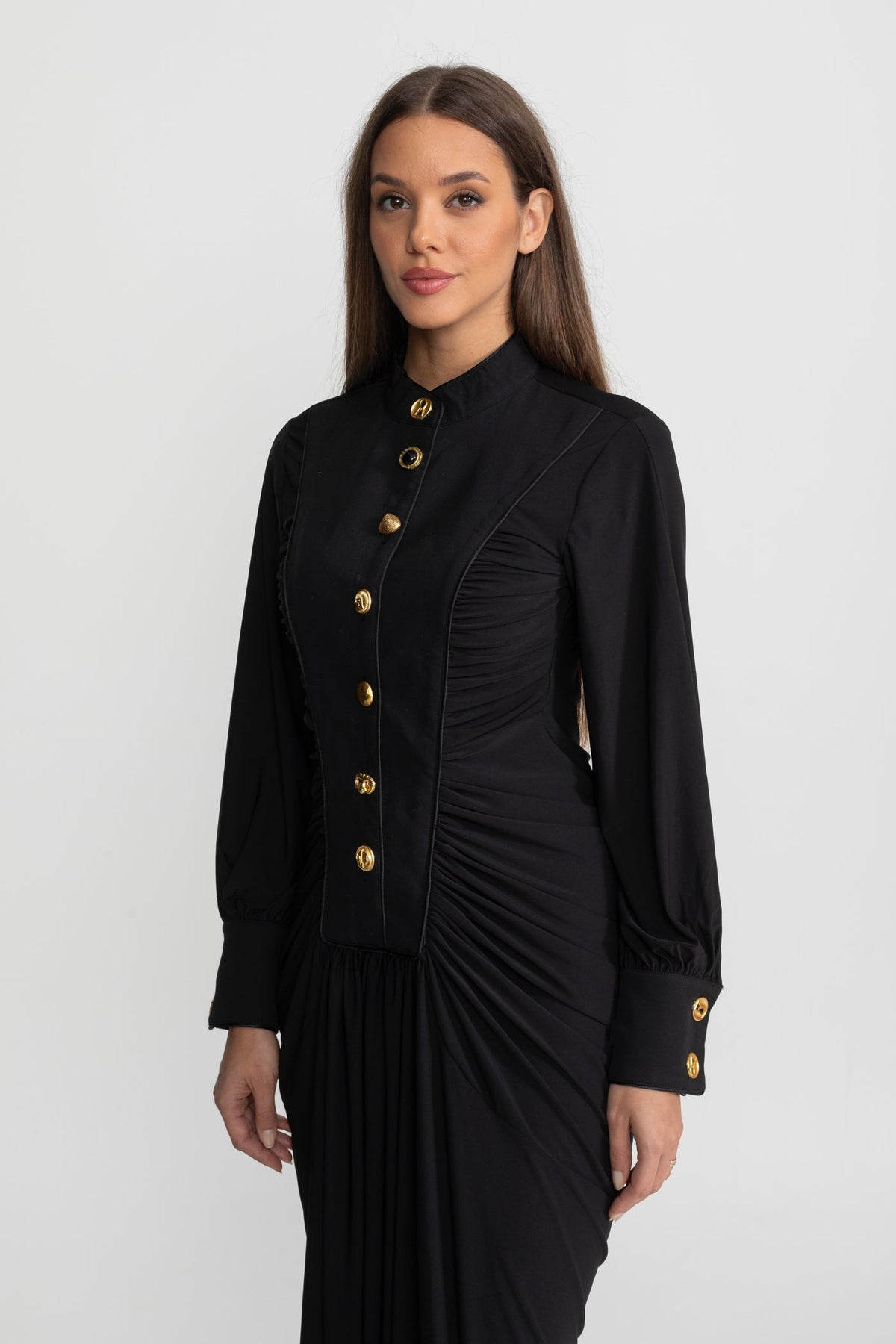 Draped Maxi Dress with Gold Statement Buttons - Black