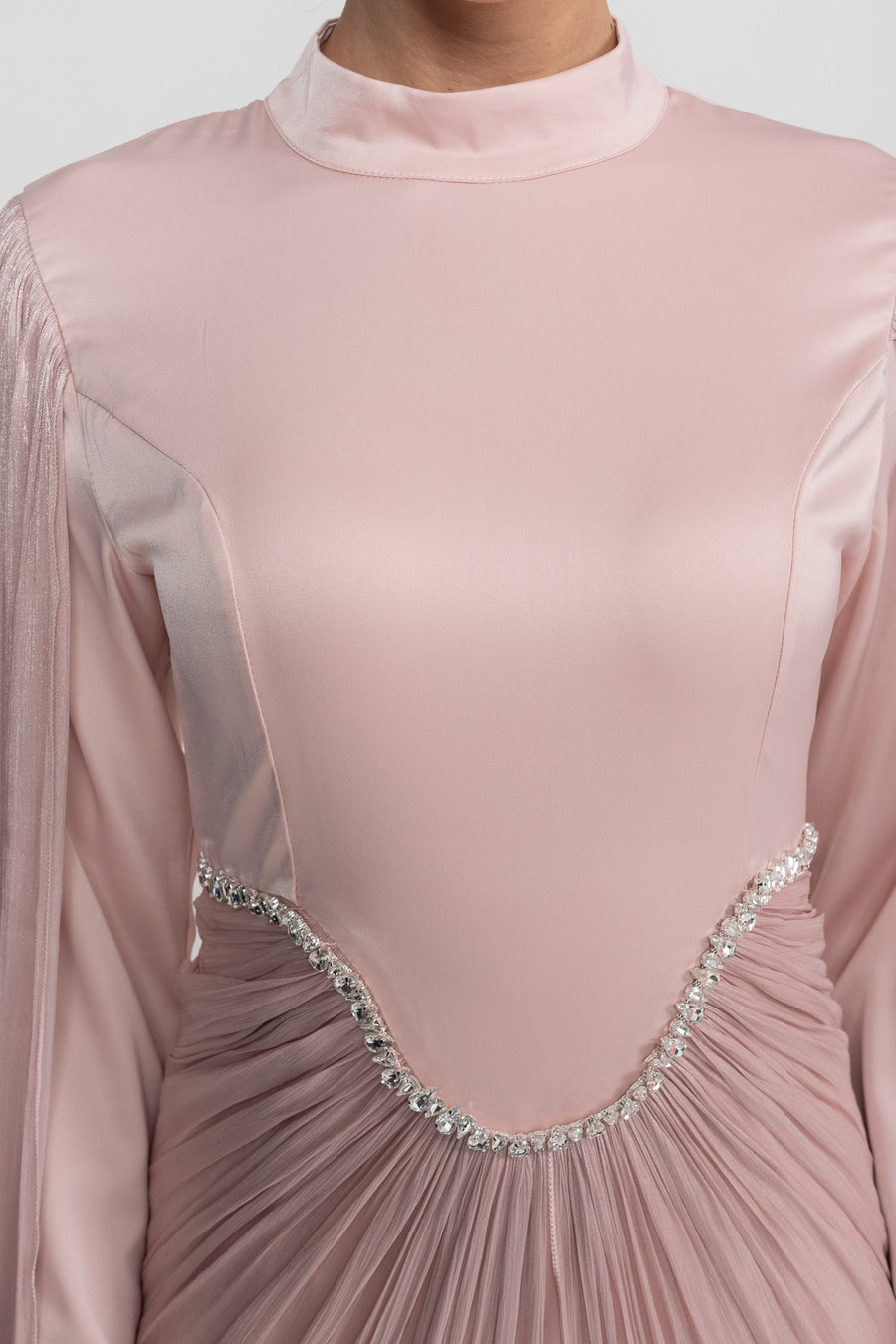 Long Sleeve Maxi Dress With Draped Overlay And Crystal Waist Trim - Blush Pink