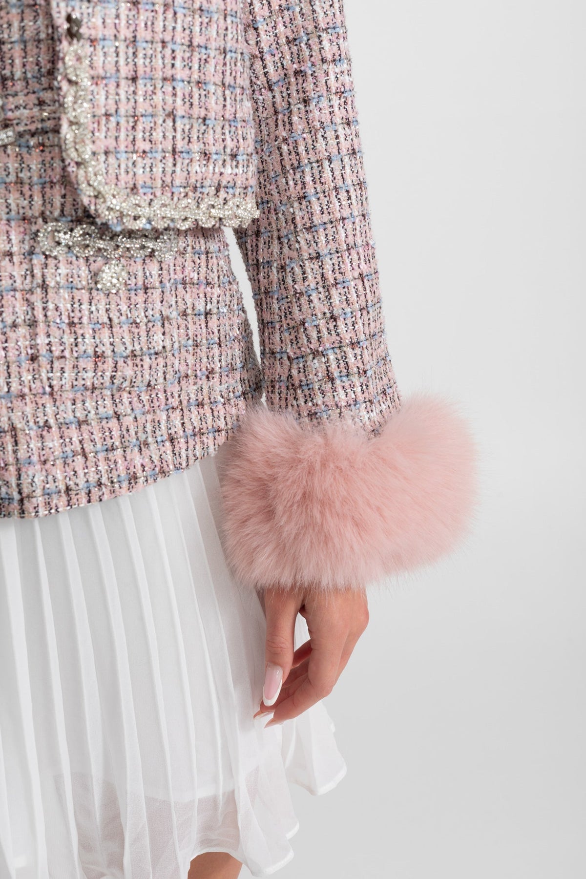Tweed Cropped Jacket with Faux Fur Cuffs - Pink