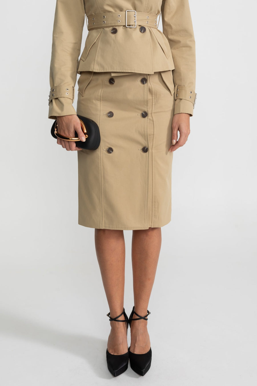 Off-Shoulder Peplum Trench Jacket and Pencil Skirt Co-Ord Set – Khaki