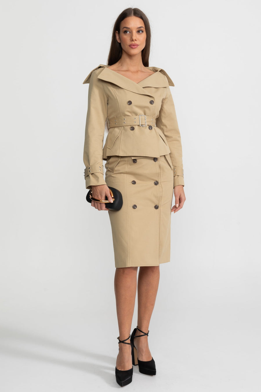 Off-Shoulder Peplum Trench Jacket and Pencil Skirt Co-Ord Set – Khaki