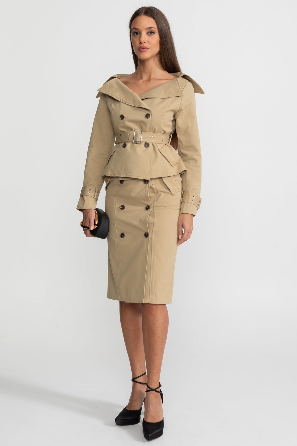 Off-Shoulder Peplum Trench Jacket and Pencil Skirt Co-Ord Set – Khaki