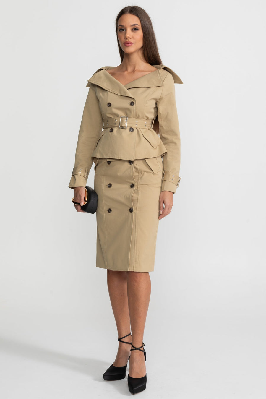 Off-Shoulder Peplum Trench Jacket and Pencil Skirt Co-Ord Set – Khaki