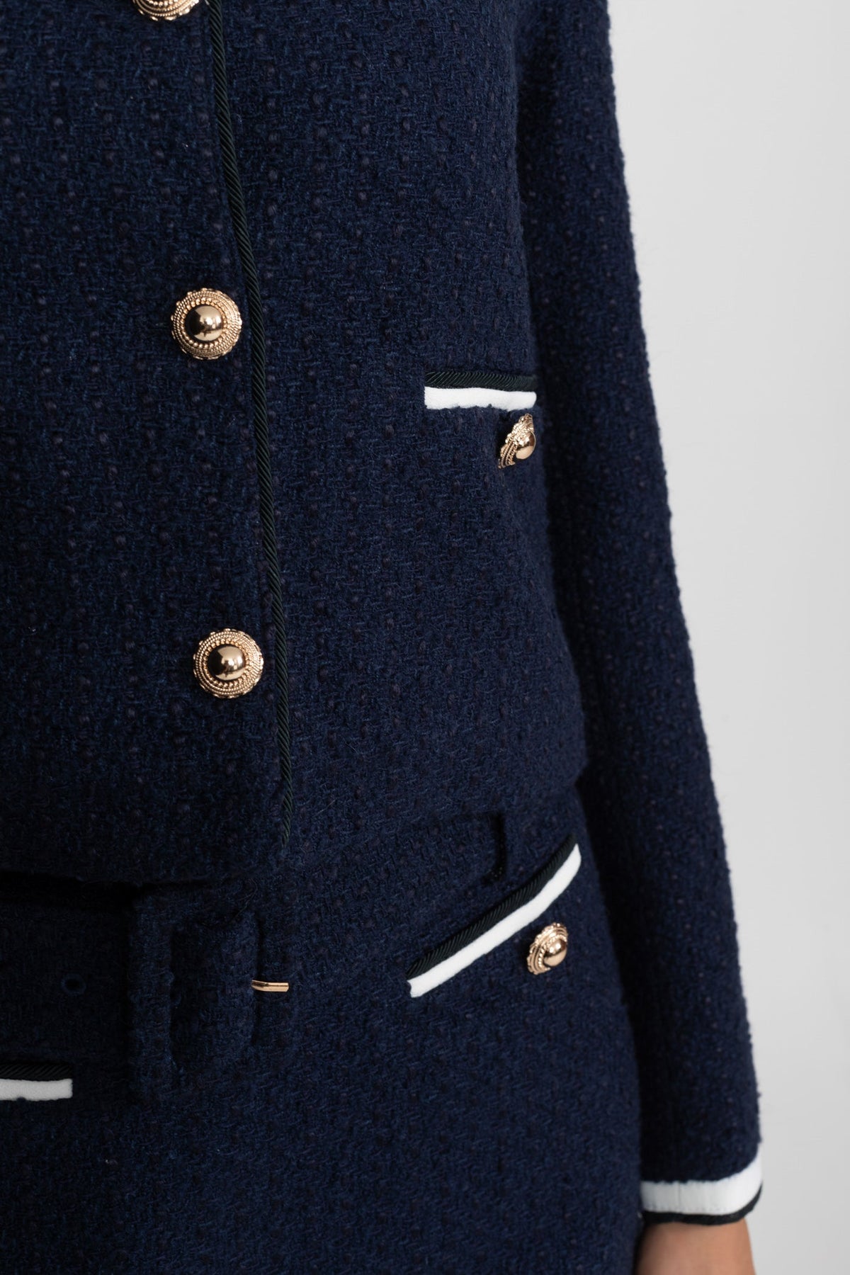 Tweed Cropped Jacket with Contrast Collar - Navy