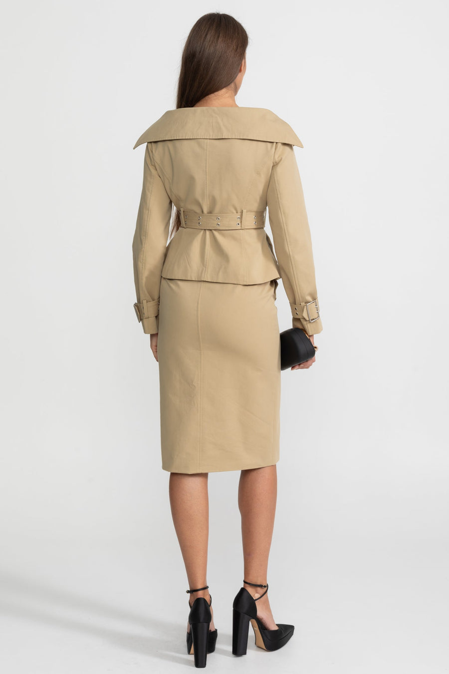 Off-Shoulder Peplum Trench Jacket and Pencil Skirt Co-Ord Set – Khaki