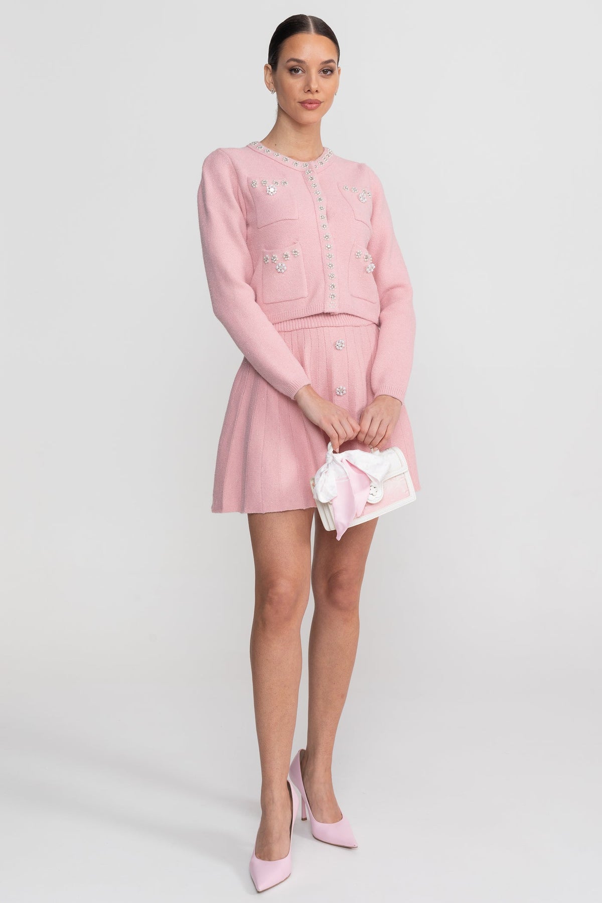 Knit Co-Ord Set With Long Sleeve Cardigan And Matching Mini Skirt - Blush Pink