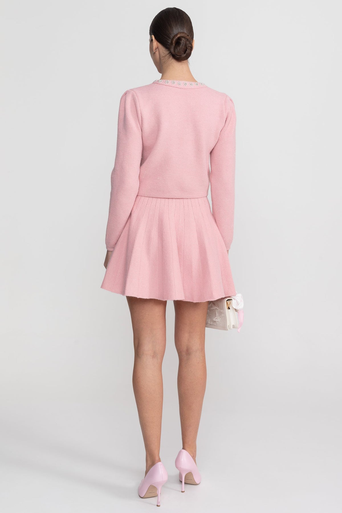 Knit Co-Ord Set With Long Sleeve Cardigan And Matching Mini Skirt - Blush Pink