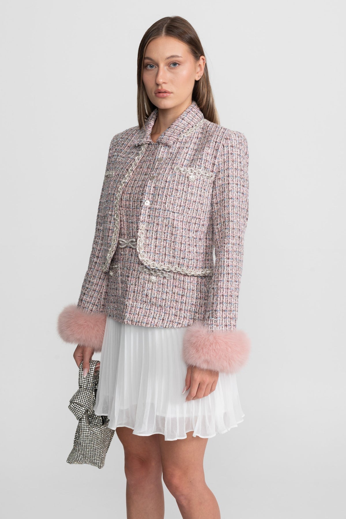 Tweed Cropped Jacket with Faux Fur Cuffs - Pink