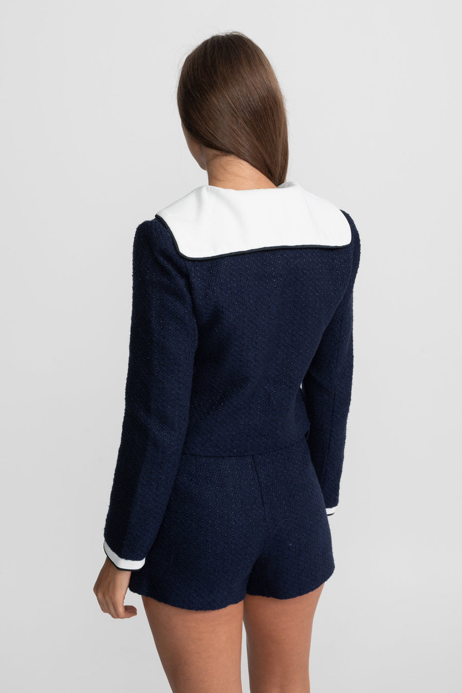 Belted Tweed Mini Skirt with Contrast Pockets - Navy