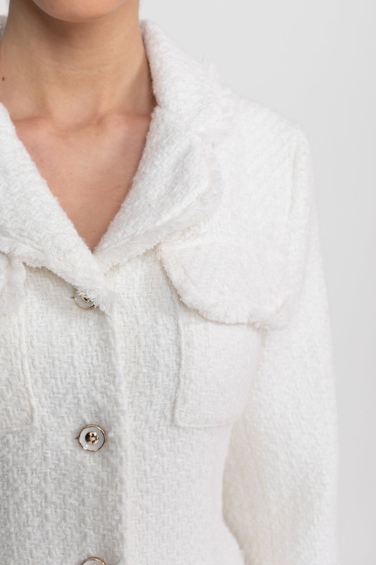 Bouclé Coat With Notched Collar And Button-Through Front - White