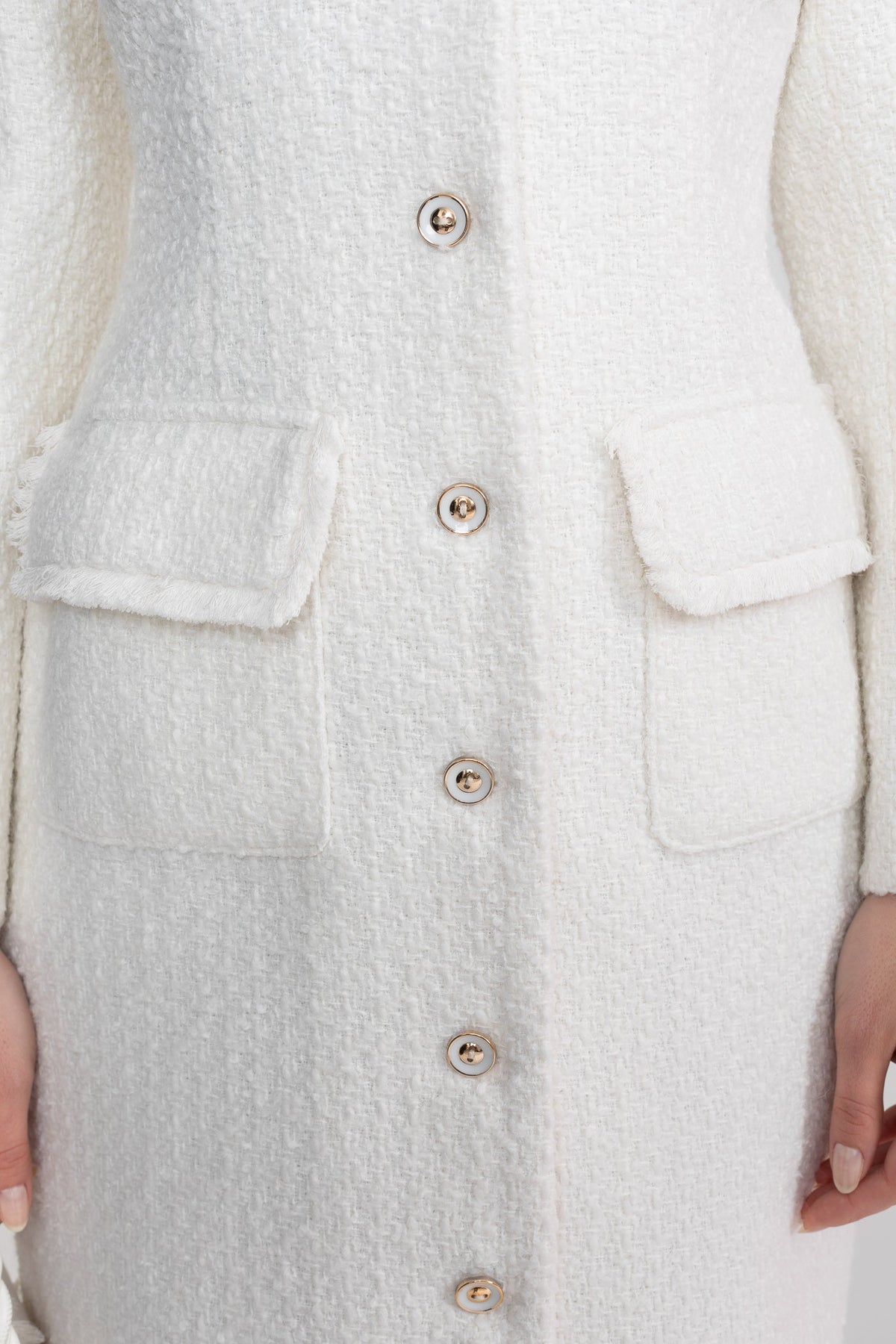 Bouclé Coat With Notched Collar And Button-Through Front - White