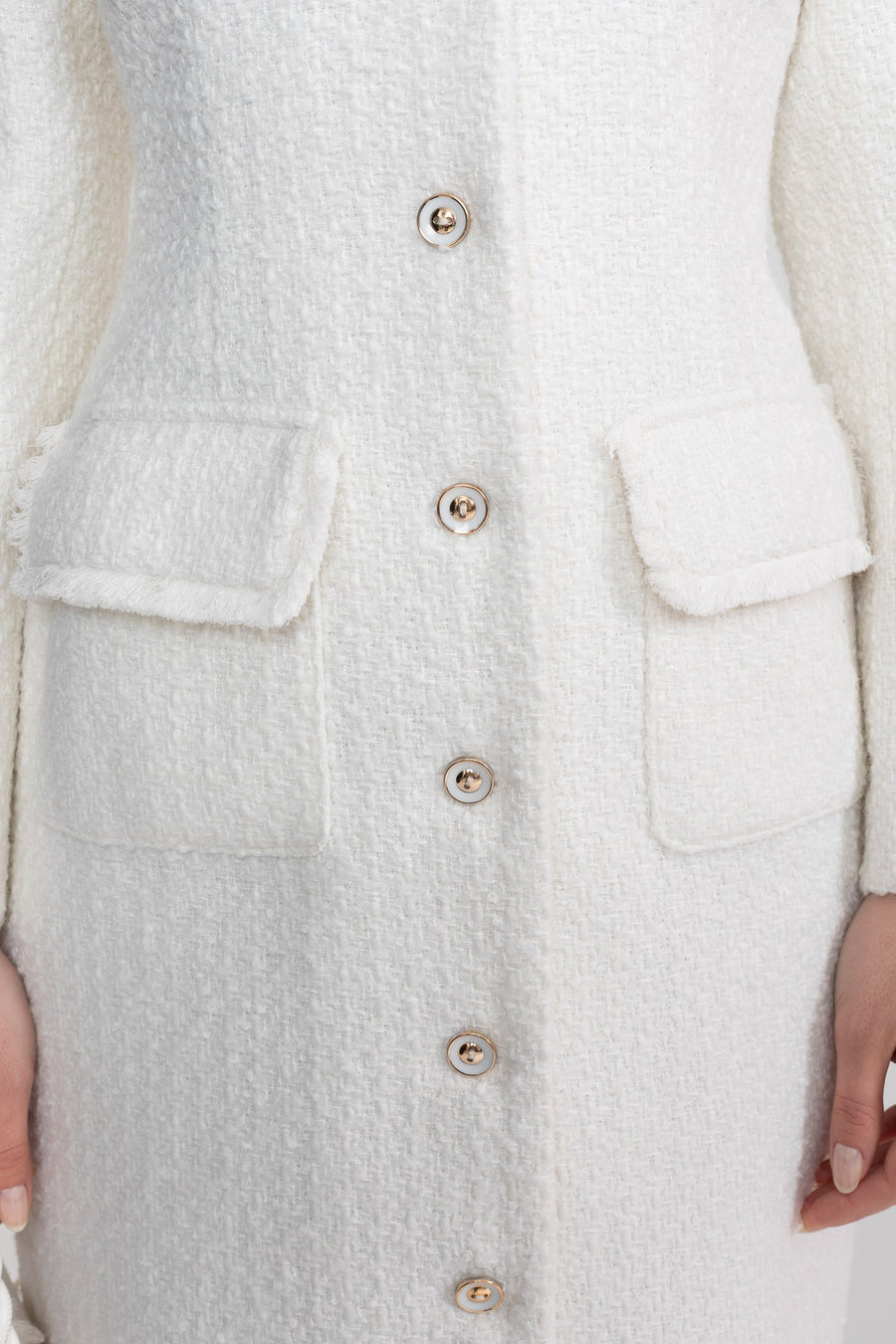 Bouclé Coat With Notched Collar And Button-Through Front - White