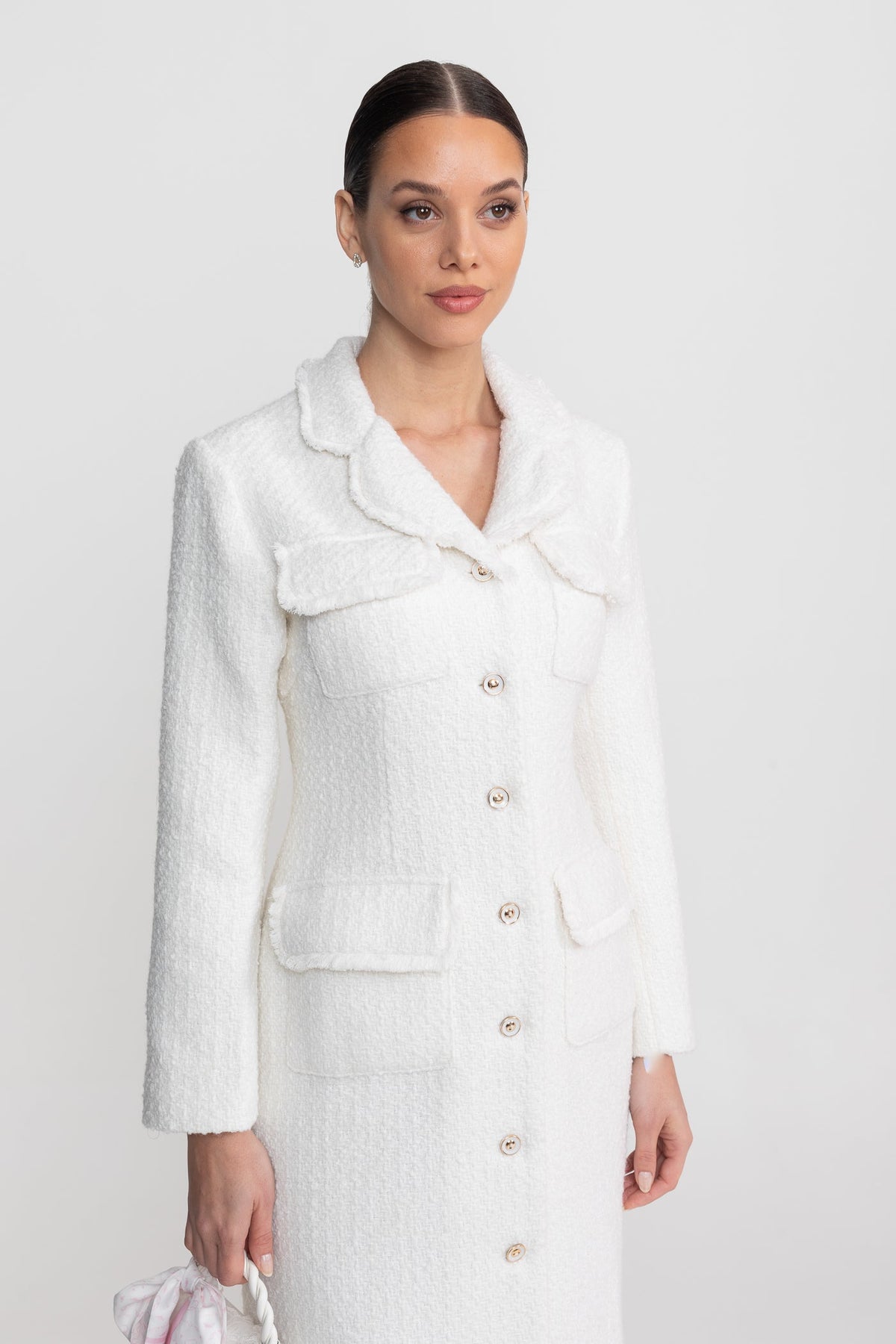 Bouclé Coat With Notched Collar And Button-Through Front - White