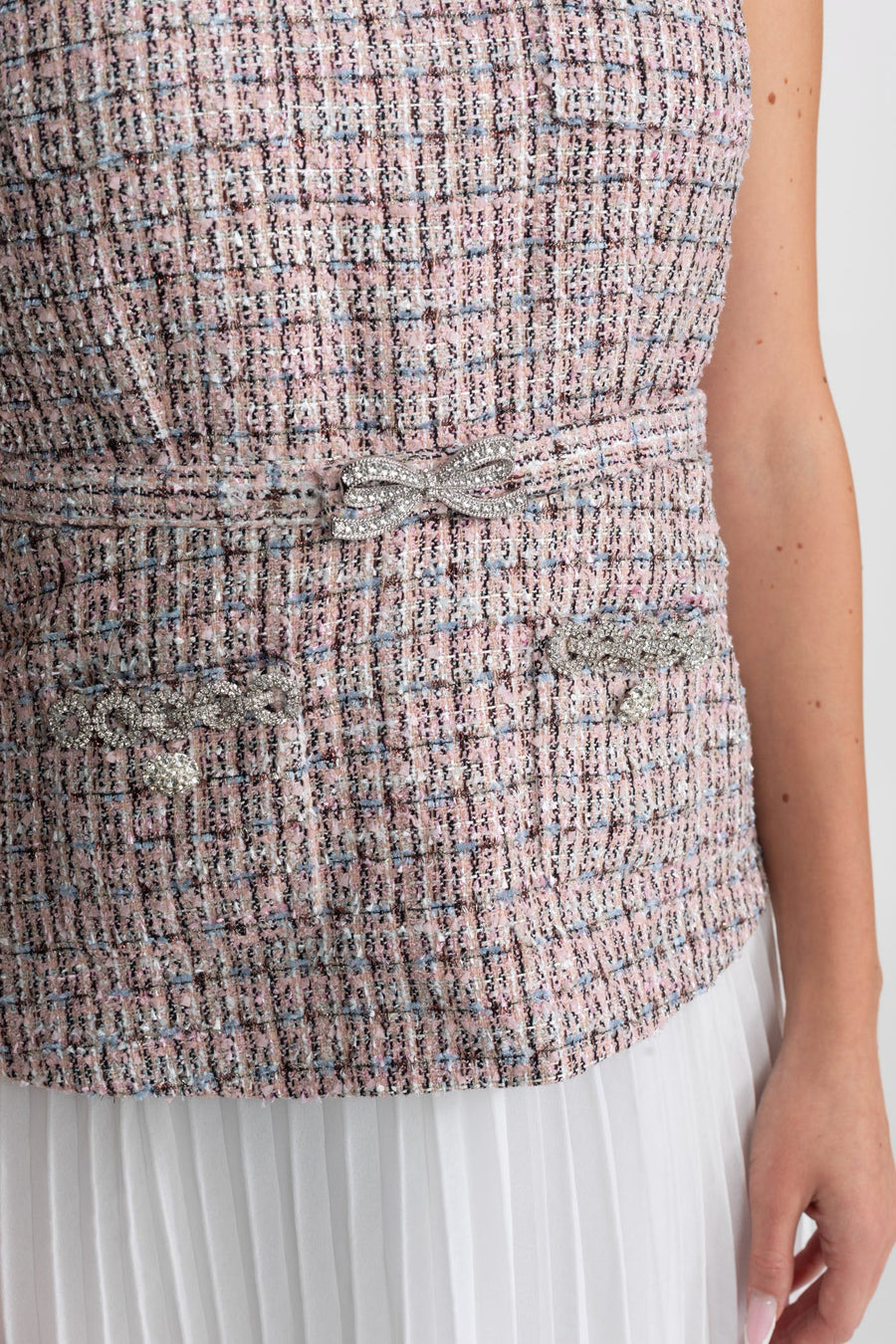 Tweed Vest Dress with Pleated Skirt Detail - Pink/White
