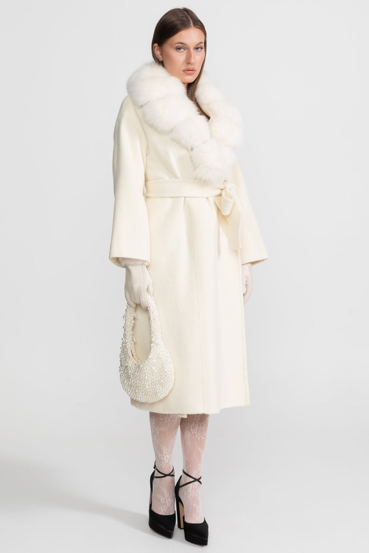 Wool Wrap Coat with Fox Fur Collar And Tie Belt – Ivoire