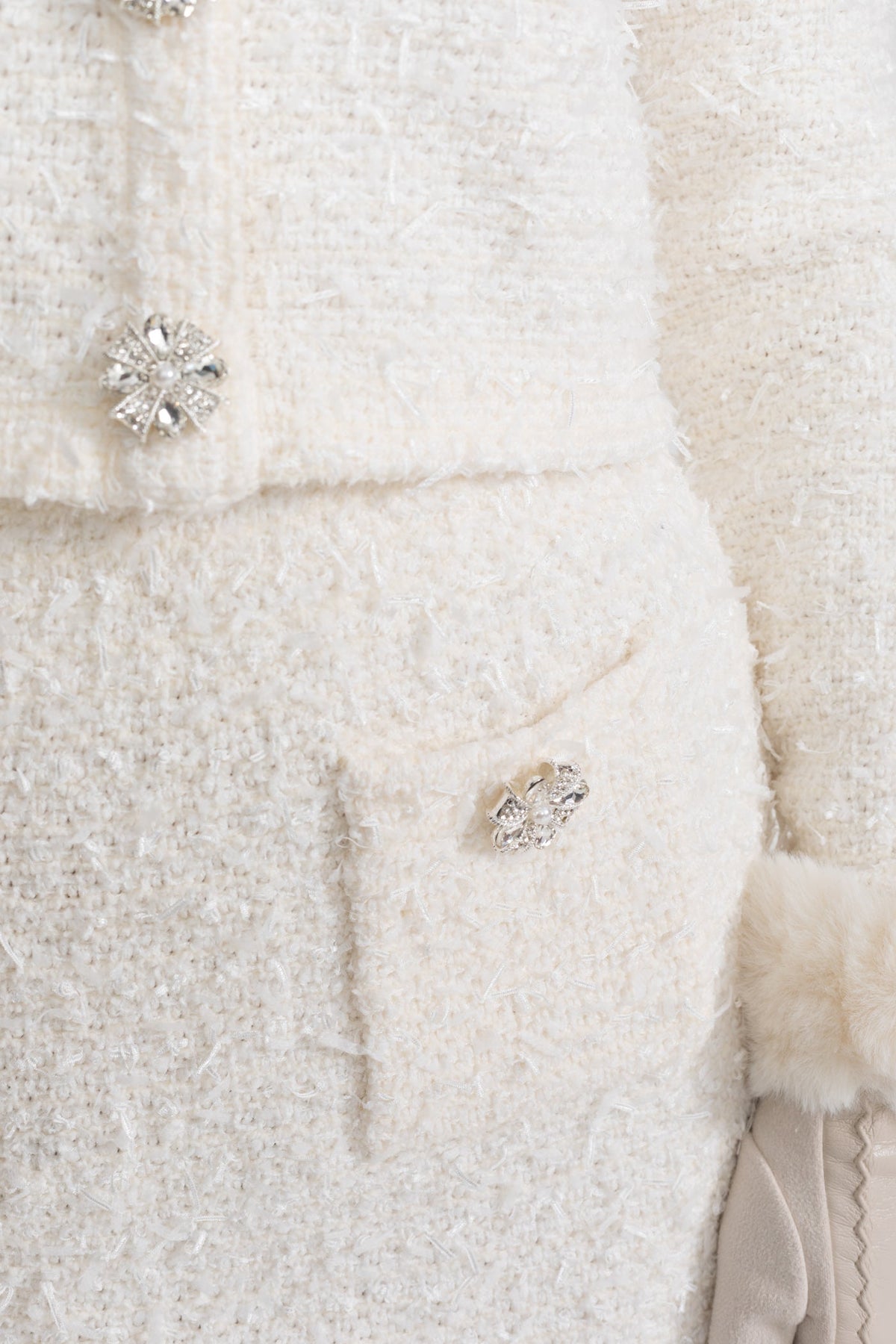 Tweed Mini Skirt With Crystal Buttons - White