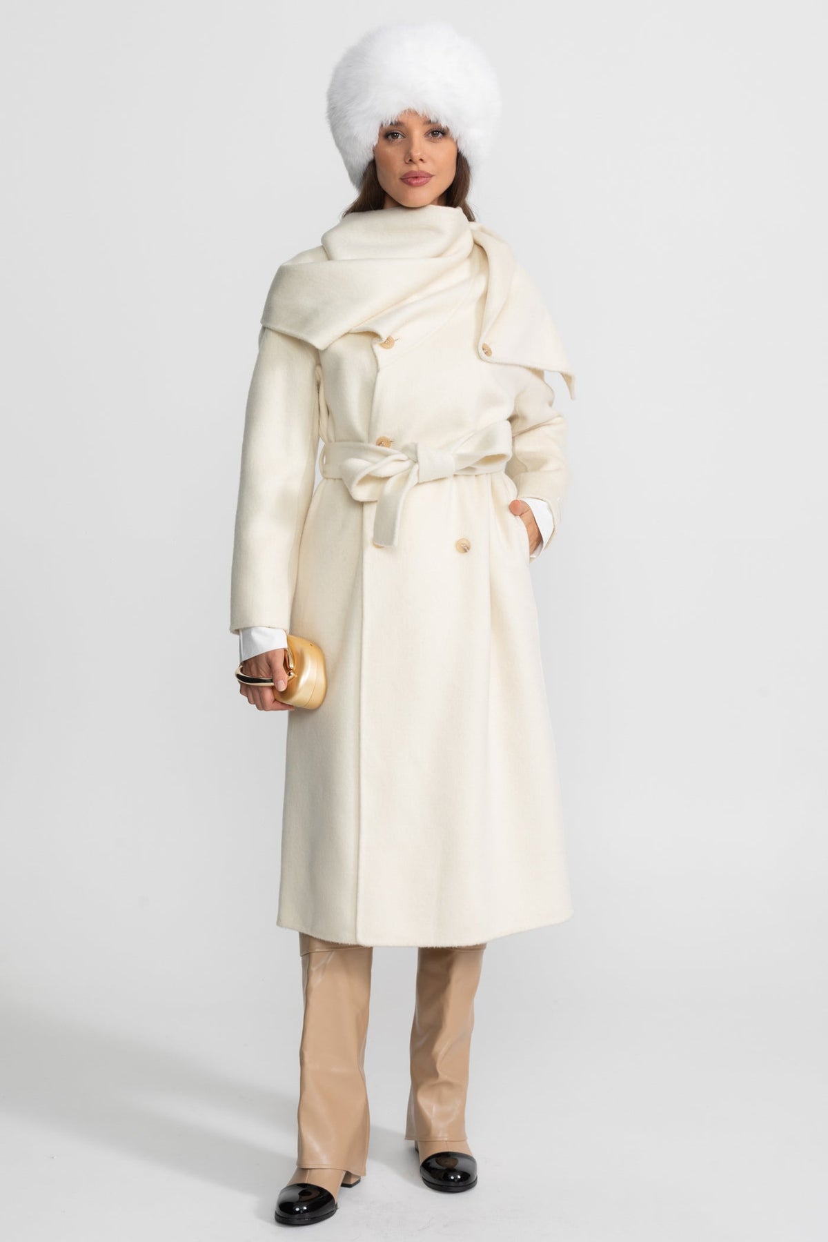 Midi Coat with Oversized Scarf Collar - Beige